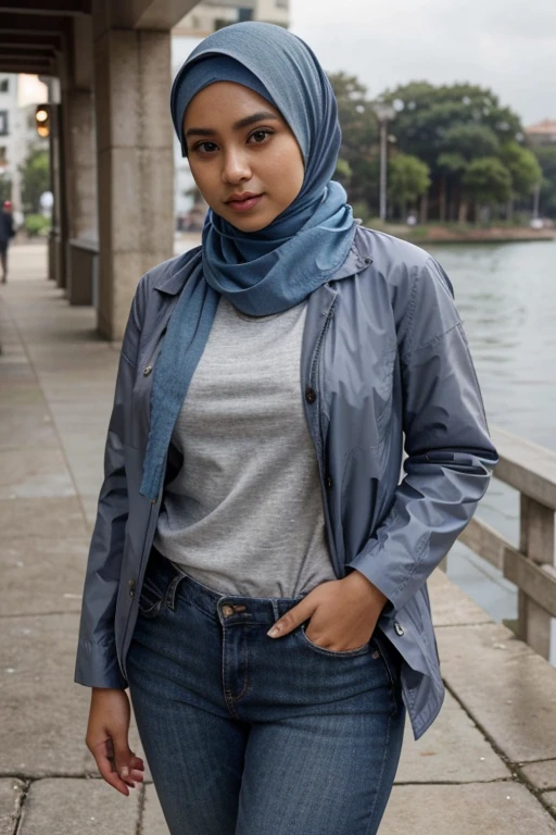 RAW, (Best quality, high resolution, work: 1.3), Beautiful Malay woman in hijab, perfect fit body, Big breast,Beautiful big eyes, Soft smile, beautiful face, slightly open mouth, thick thighs, beautiful buttocks, RAW, Best quality, high resolution, masterpiece: 1.3), beautiful Malay woman in hijab, Masterpiece, perfect fit body, big breasts, thick thighs, beautiful big eyes, Soft smile, beautifull girls, detail face, woman wearing a blue scarf and a gray jacket walking on a pier, casual clothing style, casual modern clothing, modern casual clothing, wearing casual clothing, wearing elegant casual clothes, modern fashion outfit, blue outfit, smart casual, casual pose, wearing casual clothes, simple style, wearing beautiful clothes, very beautiful style, fashion style, wearing fashion clothing, blue and grey , muslim, excellent lighting.