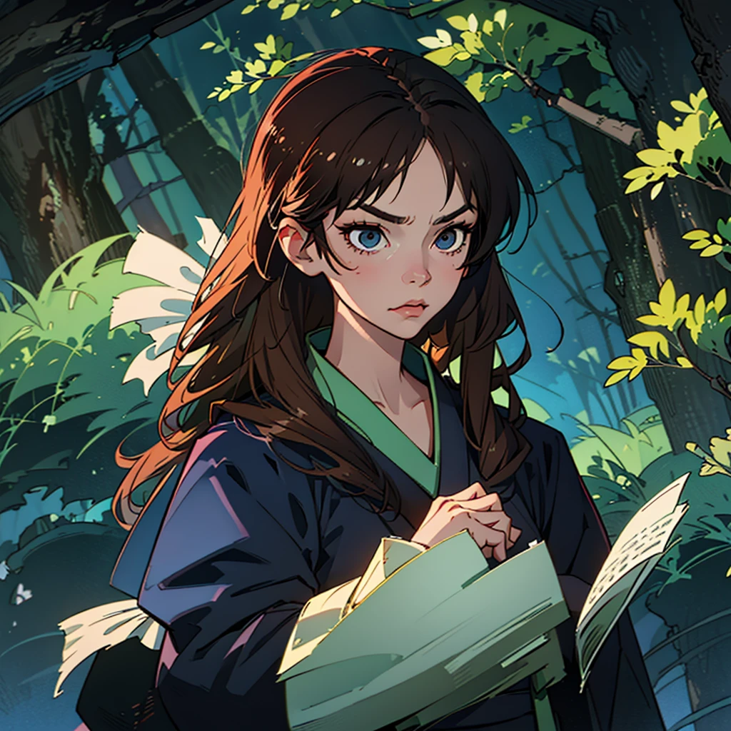 Aizen/Bleach/, short brown hair, black kimono, close up, full body, ((forest background)), living stones behind, ultra detailed face, best quality, soil, pointed chin, closed mouth, serious look