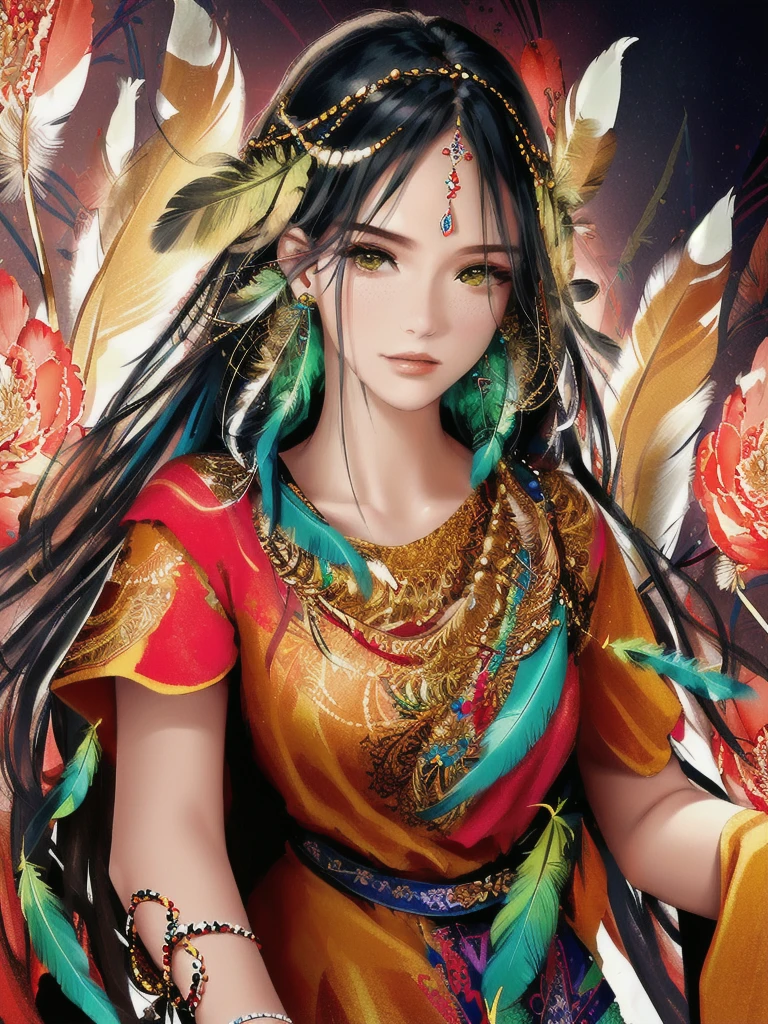 (masterpiece, top quality, Best quality, official art, beautiful and aesthetically pleasing:1.2), (1 girl, mature:1.3, got old:1.3), long hair, braid sidelocks, Extremely detailed,(fractal art:1.1),(colorful:1.4)(flowers:1.3),The most detailed,(zentangle:1.2), (dynamic pose), (abstract background:1.3), (shiny skin), (many colors:1.4),(earrings:1.4), (feathers:1.4), cowboy shot