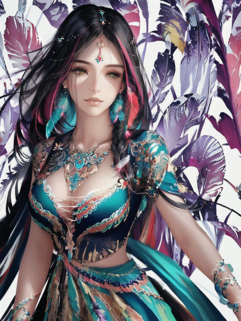 (masterpiece, top quality, Best quality, official art, beautiful and aesthetically pleasing:1.2), (1 girl, mature:1.3, got old:1.3), long hair, braid sidelocks, Extremely detailed,(fractal art:1.1),(colorful:1.4)(flowers:1.3),The most detailed,(zentangle:1.2), (dynamic pose), (abstract background:1.3), (shiny skin), (many colors:1.4),(earrings:1.4), (feathers:1.4), cowboy shot