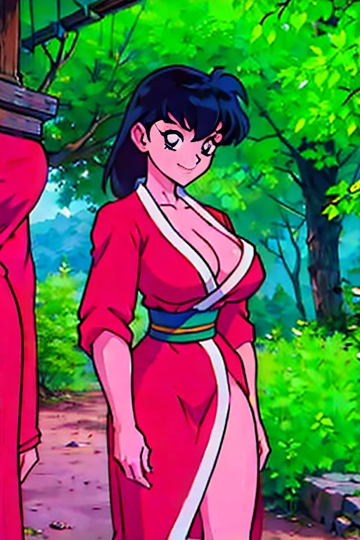 masterpiece, best quality, 1girl, solo, Kagome Higurashi, 25 years old, matured face, beautiful detailed eyes, ultra detailed eyes, extremely detailed face, large breasts, cleavage, very busty, big hips, strong muscles, athletic figure, She stands tall while wearing a short red kimono. she's looking directly at the camera with an confident smirk. Her gaze is both alluring and fierce. fighting stance, defensive pose, dynamic pose, martial arts, female fighter, Anime style, Every detail showcases her alluring presence and creating a sense of timeless allure. Perfect Anatomy,(Professional Lighting), 4k textures, epic artistic, sharp focus, even lighting, insane details, intricate details, hyperdetailed, rich colors, BREAK Outdoors, the view of the green forest, Japanese architecture in the surroundings. The image radiates a sense of high-quality artistry, captivating the viewer with its masterful execution.
