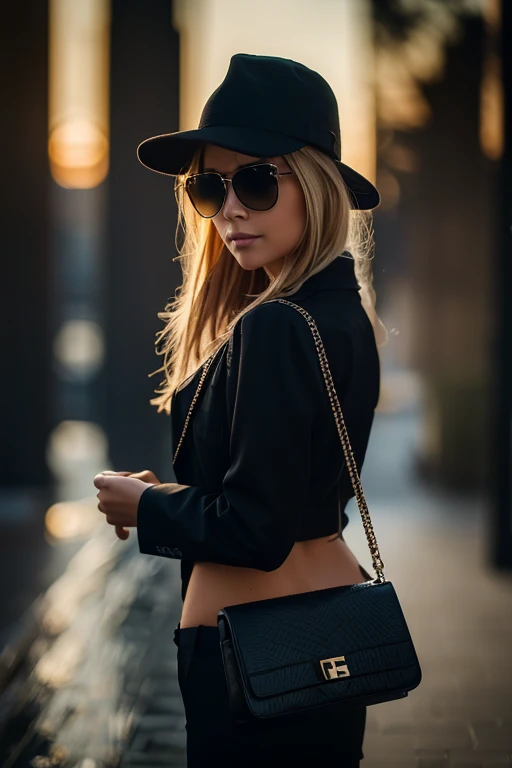 Extreme Nahaufnahme einer Businessfrau im Office, sie blickt aufs Wasser, man sieht sie nur von hinten, Back view, man sieht kein Gesicht, she wears big sunglasses, sie telefoniert mit einem Telefon, sie hat einen Kaffee in der hand, stilvoll, nice, arrogant, zuversichtlich, blonde, elegant,, she wears a black suit, sie hat blondes Haar, She is holding a large handbag in her hand, High resolution, Tiefwinkel, Licht vom Sonnenuntergang, 8k, Komplizierte, ultrarealistische Details, extremely detailed, unglaubliche Details, aufgenommen mit Canon EF 50mm f/1.2L USM lens on a Canon EOS 5D Mark IV camera, Randbeleuchtung - Roher Stil