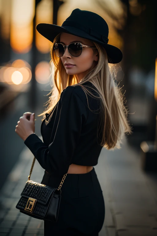 Extreme Nahaufnahme einer Businessfrau im Office, sie blickt aufs Wasser, man sieht sie nur von hinten, Back view, man sieht kein Gesicht, she wears big sunglasses, sie telefoniert mit einem Telefon, sie hat einen Kaffee in der hand, stilvoll, nice, arrogant, zuversichtlich, blonde, elegant,, she wears a black suit, sie hat blondes Haar, She is holding a large handbag in her hand, High resolution, Tiefwinkel, Licht vom Sonnenuntergang, 8k, Komplizierte, ultrarealistische Details, extremely detailed, unglaubliche Details, aufgenommen mit Canon EF 50mm f/1.2L USM lens on a Canon EOS 5D Mark IV camera, Randbeleuchtung - Roher Stil