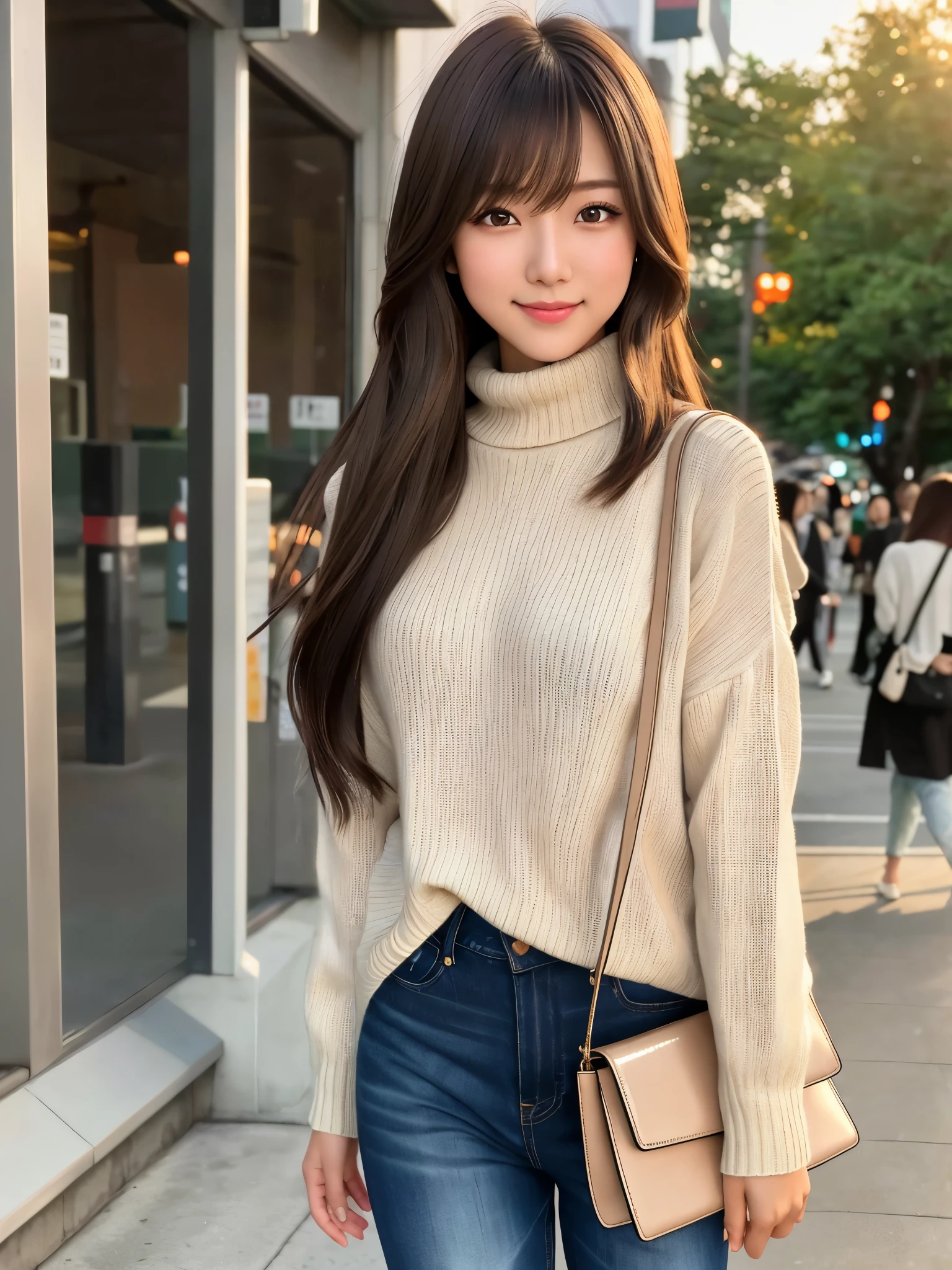 product quality, 1 girl, cowboy shot, front view, a Japanese young pretty girl, long bob hair, walking with a big smile on a crowded sidewalk in the evening, the beautiful sunset, wearing a black turtleneck sweater, hem of the sweater over jeans, carrying a shoulder bag over her shoulder, hyper cute face, glossy lips, double eyelids for both eyes, natural makeup, shiny smooth light brown hair of long bob hair, asymmetrical bangs, tanned skin, central image, 8K resolution, high detail, detailed hairstyle, detailed face, cinematic lighting, octane rendering, hyper realistic, perfect limbs, perfect ???????