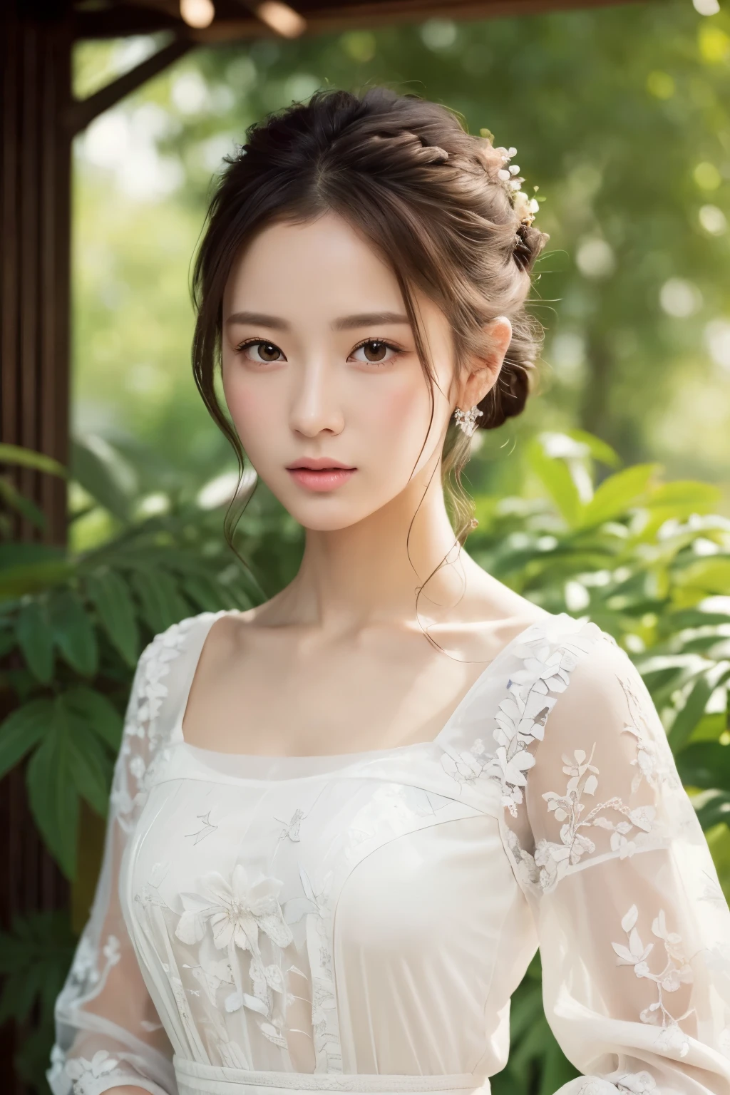 focus on people。Realistically expressing the most dazzling composition of a person。((masterpiece))、(((highest quality)))、((super detailed))、(surreal)、(Highly detailed CG illustration)、(very delicate and beautiful)、The girl is a masterpiece、highest quality、realistic skin feel、realistic fabric、Here is a realistic illustration of a girl with realistic and super detailed eyes, centered on the front..。this is the absolute rule, And the next sentence describes the image quality。 The greatest painter in human history meets unparalleled beauty、This is the greatest masterpiece in the history of Inukui Ichigo., The most beautiful portrait of her life.。 Create stunning anime artwork that&#39;s currently trending with seaStation、Showcasing exquisite beauty and captivating aesthetics。hair tied up、White peasant dress with detailed floral embroidery、The background is outdoors