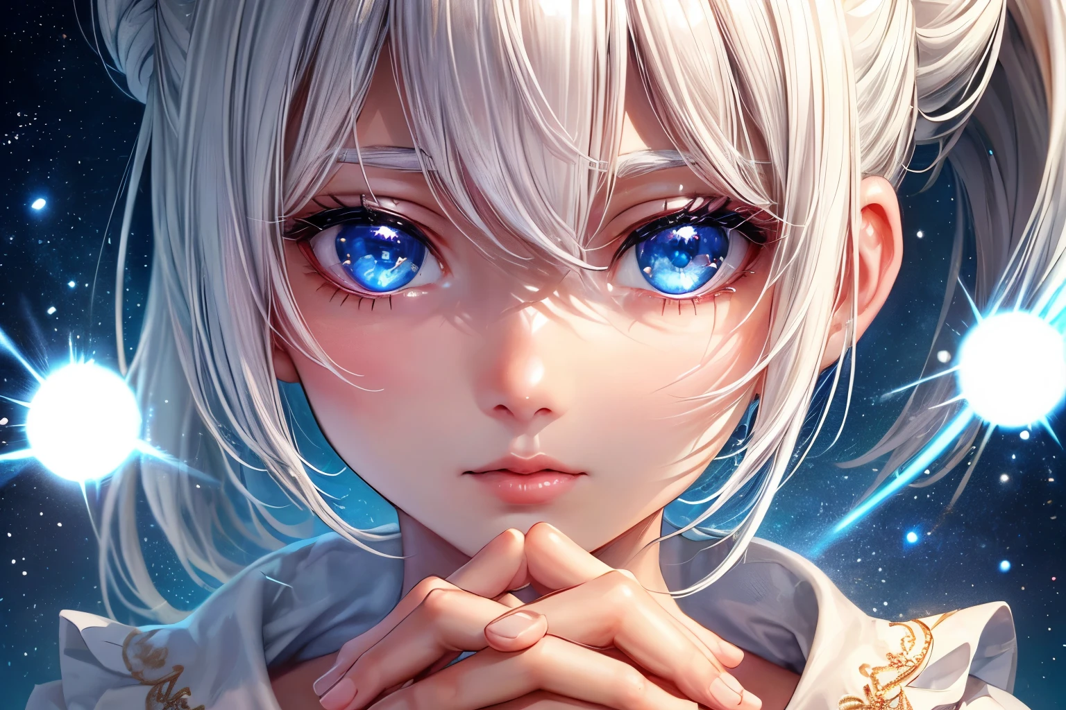 ((worst quality, low quality)), ((girl)), solo, (Close-up:1.3), (face focus:1.4), ((eyes focus:1.4), ((half updo, white hair)), clear eyes and plump, plump lips, Beautiful blue eyes):1.2), spoken word heart, hands offering prayers, (perfect hands:1.3), Delicate and detailed embroidery:1.3), embarrassing, Standing ceremony, Looking at Viewer, head tilt, (light particles, shine of light:1.4), high angle shot, muste piece, best quality, Super detailed,