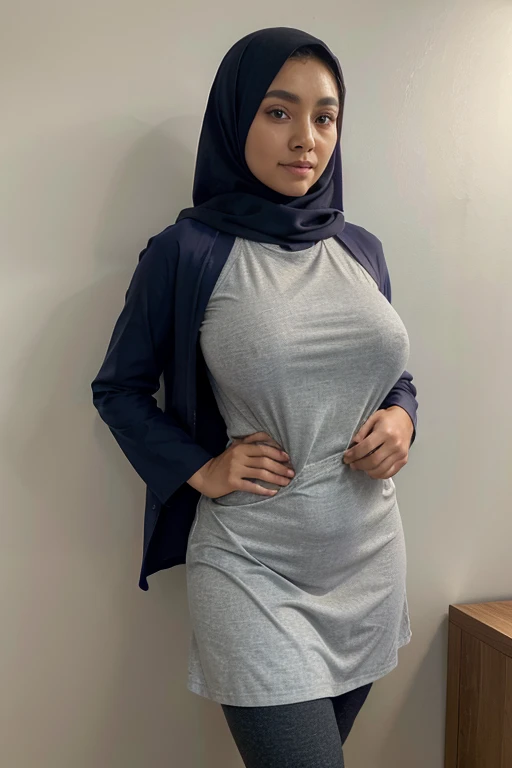 ( Close Up ),RAW, Best quality, high resolution, masterpiece: 1.3), Beautiful Malay woman in hijab,Perfect work, perfect fit body, ((Big breasts)), beautiful big eyes, Soft smile,beautiful face,mouth slightly open, thick thighs, shapely buttocks, woman wearing plaid dress and shawl standing in front of wall, long dress with apron, tartan dress, cloth style, leggings, dresses and cloth, famous clothes, 2023 style clothes, thobe dress, Smooth turtleneck, Lighting excellent, Bright colors, Clean lines