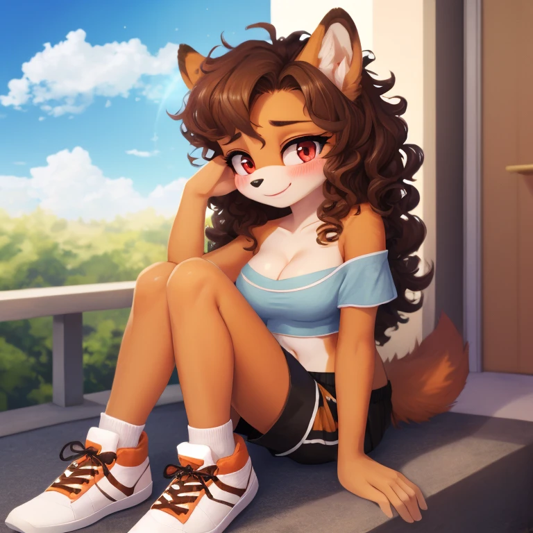 mobian, hedgehog, two-tone fur ((orange fur, brown fur)), pyjama elastic shorts, strapless crop top, cleavage, high-top sneakers, two-tone hair (brown hair, black tip)), curly hair, halo, sunglasses, jewelry, red eyes, longeyelashes, red eyes, smile, shy, blush, high detail, masterpiece, UHD, anatomically correct, super detail, highres, 4K