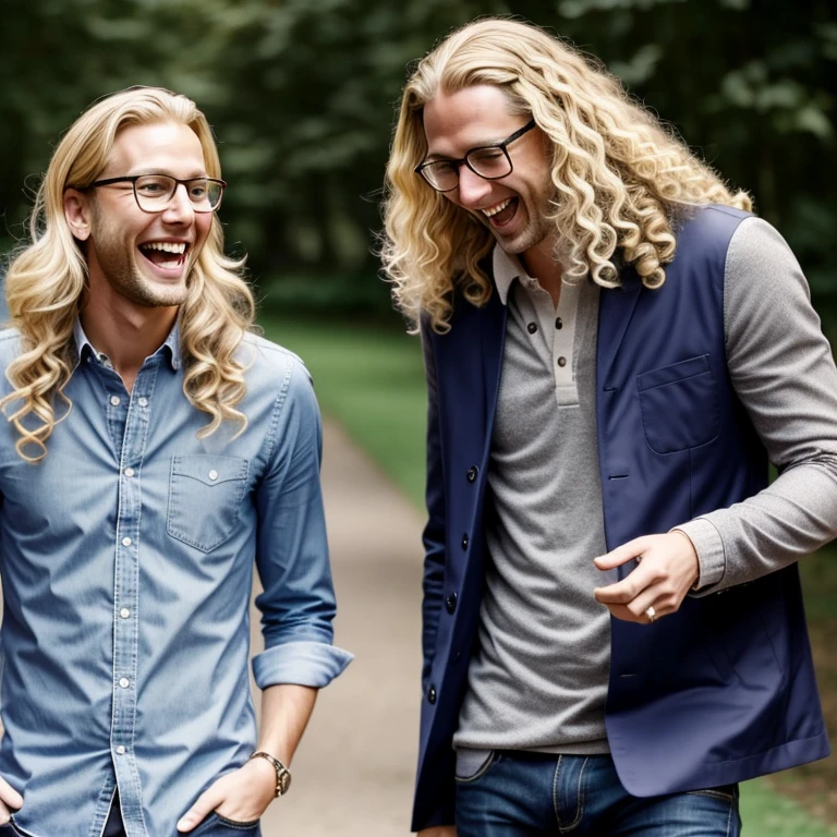 A tall blonde man with eyeglasses and shorter man with long curly blonde hair laughing at someone, facing the camera