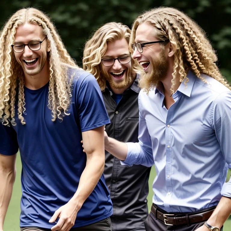 A tall blonde man with eyeglasses and shorter man with long curly blonde hair laughing at someone, facing the camera