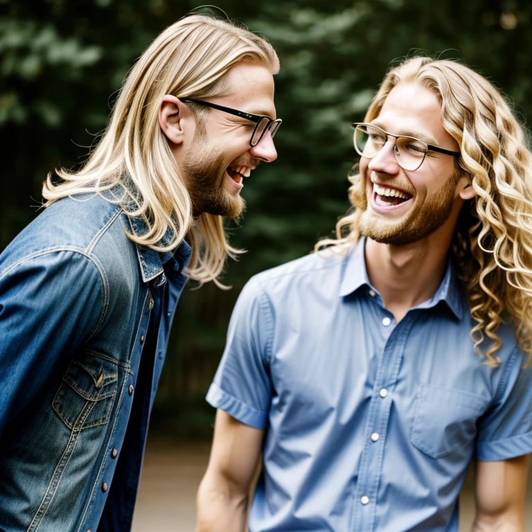 A tall blonde man with eyeglasses and shorter man with long curly blonde hair laughing at someone, facing the camera