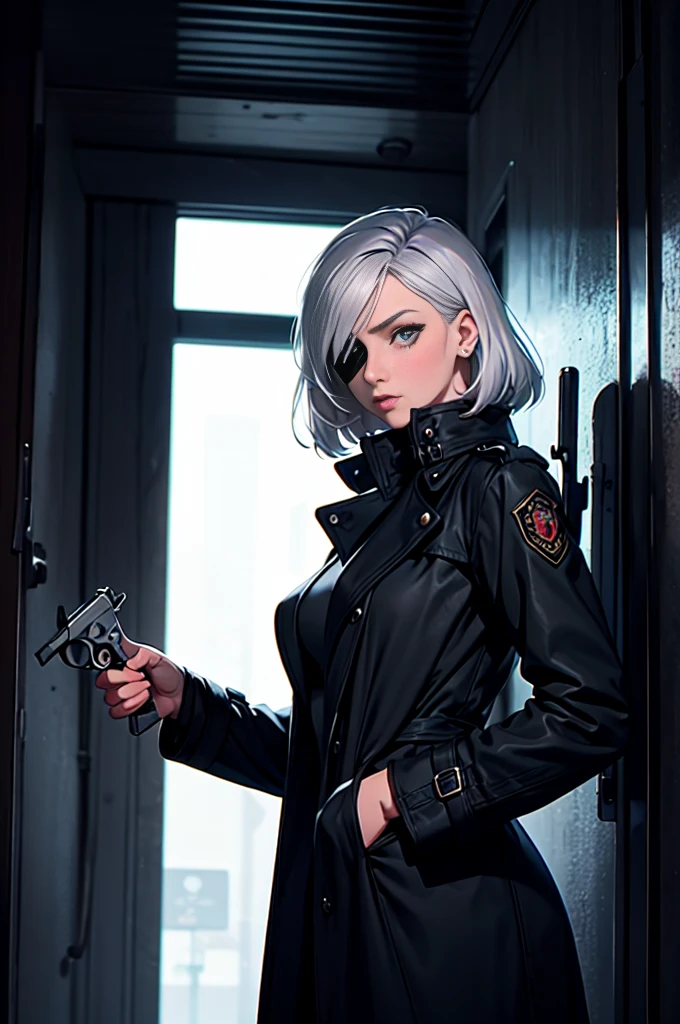 imagined a cartoon sexy milf whit silver hair and a eye patch on the left eye detective woman in a trench coat holding a revolver in 1950 black and white thriller movie, 50's, retro, spy movie,