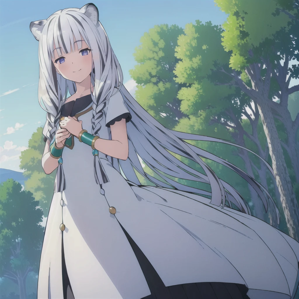 ((masterpiece)), (best quality), (ultra-detailed), photorealistic, (best illustration), ((an extremely delicate and beautiful)), 1girl, solo, long hair, tiger ears, [:tiger tail under:0.2], white hair, two-tone hair, feet out of frame, white dress, (bridal dress:1), multicolored dress, cross-laced, standing, purple eyes, smile, black skirt, short sleeves, detailed scenery, blue sky, horizon, low twin braids, twin braids, hair ornament, bracelet, (holding Bouquet of flowers in hands:0.9), blushing, glowing eyes, cute, marriage. 