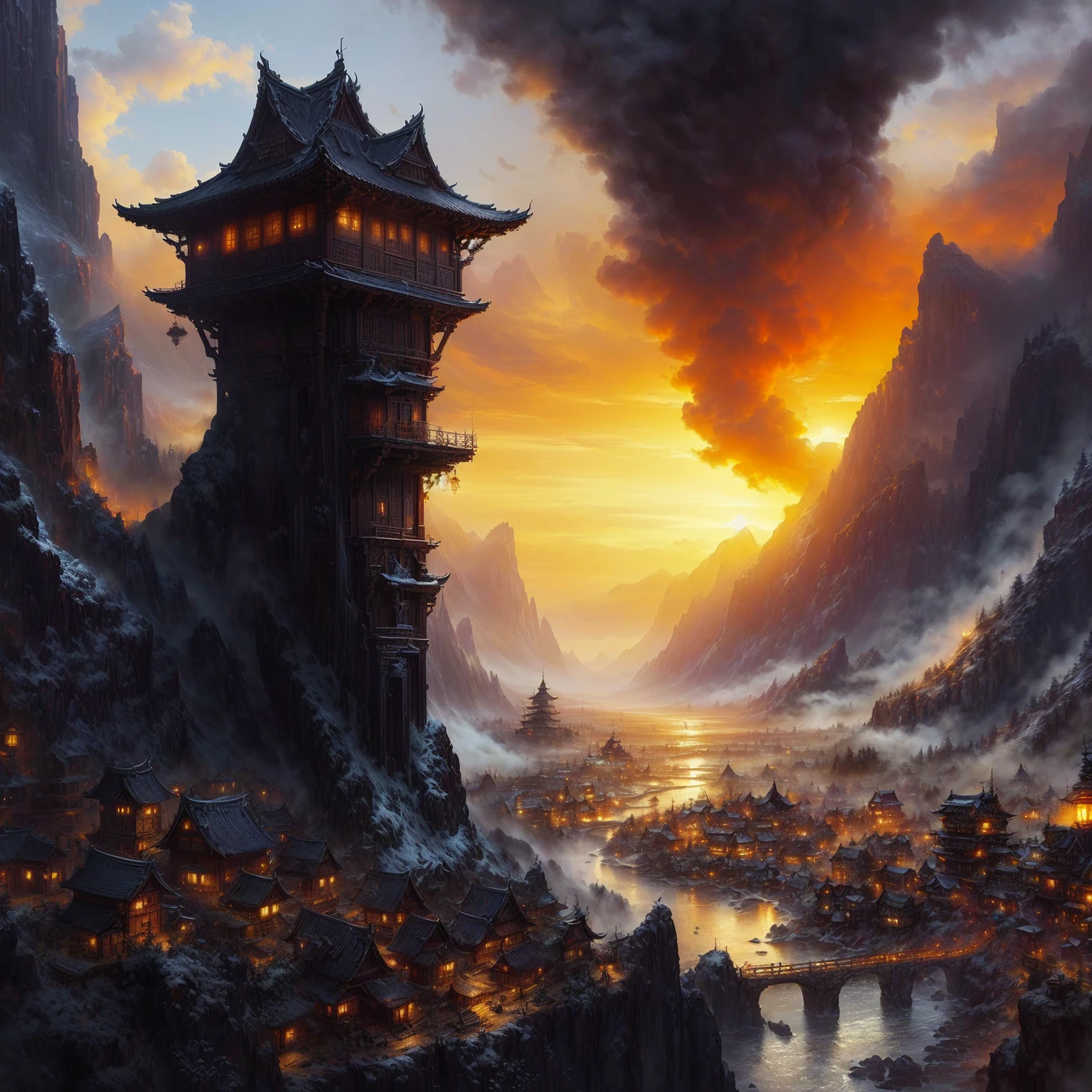 a painting of a cave with a waterfall and a bridge, highly detailed fantasy art, detailed fantasy digital art, beautiful fantasy cave scene, Fantasy art realistic painting, detailed fantasy art, fantasy art landscape, impressive fantasy landscape, breathtaking fantasy art, Wide Angle Fantasy Art, detailed matte fantasy painting, symmetrical epic fantasy art, Fantasy Painting HD, beautiful fantasy painting