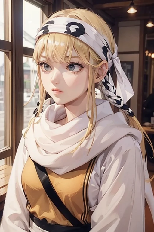 blonde、girl、twin tail hair、standing、 cowl  headband 