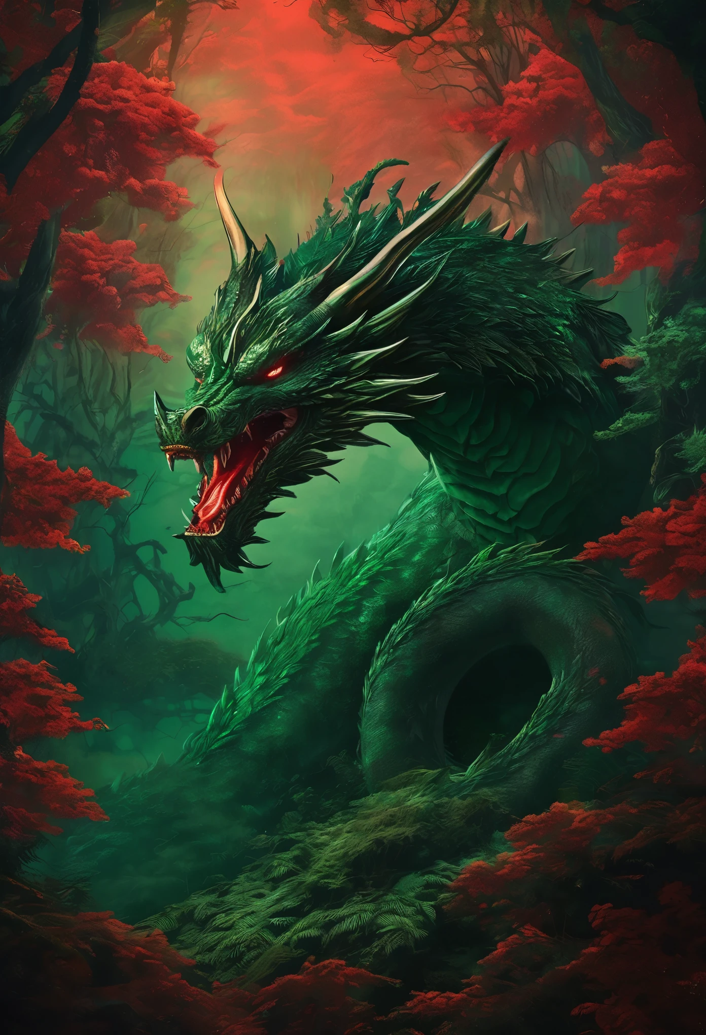 facing to the viewer, Mystical giant looks like a giant dragon dracarys (((gentle creature made of mist))), insane huge size, intricate patterns of red in its dark green fur, in a dark scary highly detailed forest, surrounded by birds.