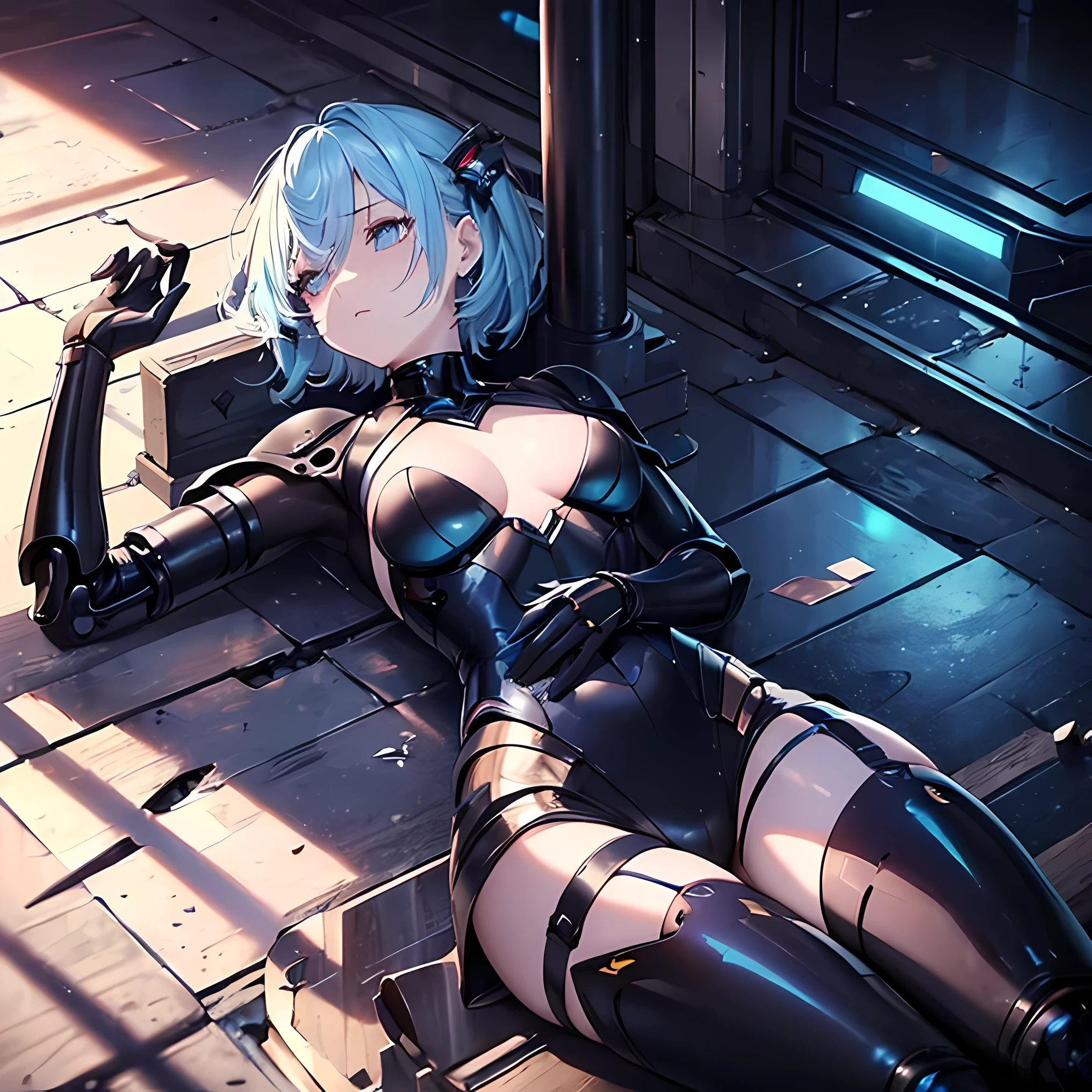 (masterpiece, top quality, best quality, official art, beautiful and aesthetic, absolutely-impressive-detail shadowing:1.2), 1girl, mechanical parts, android, heavily damaged, missing limbs, dead eyes, short light blue hair, passed out on the floor, laying down, dark alley, outside, zero emotions