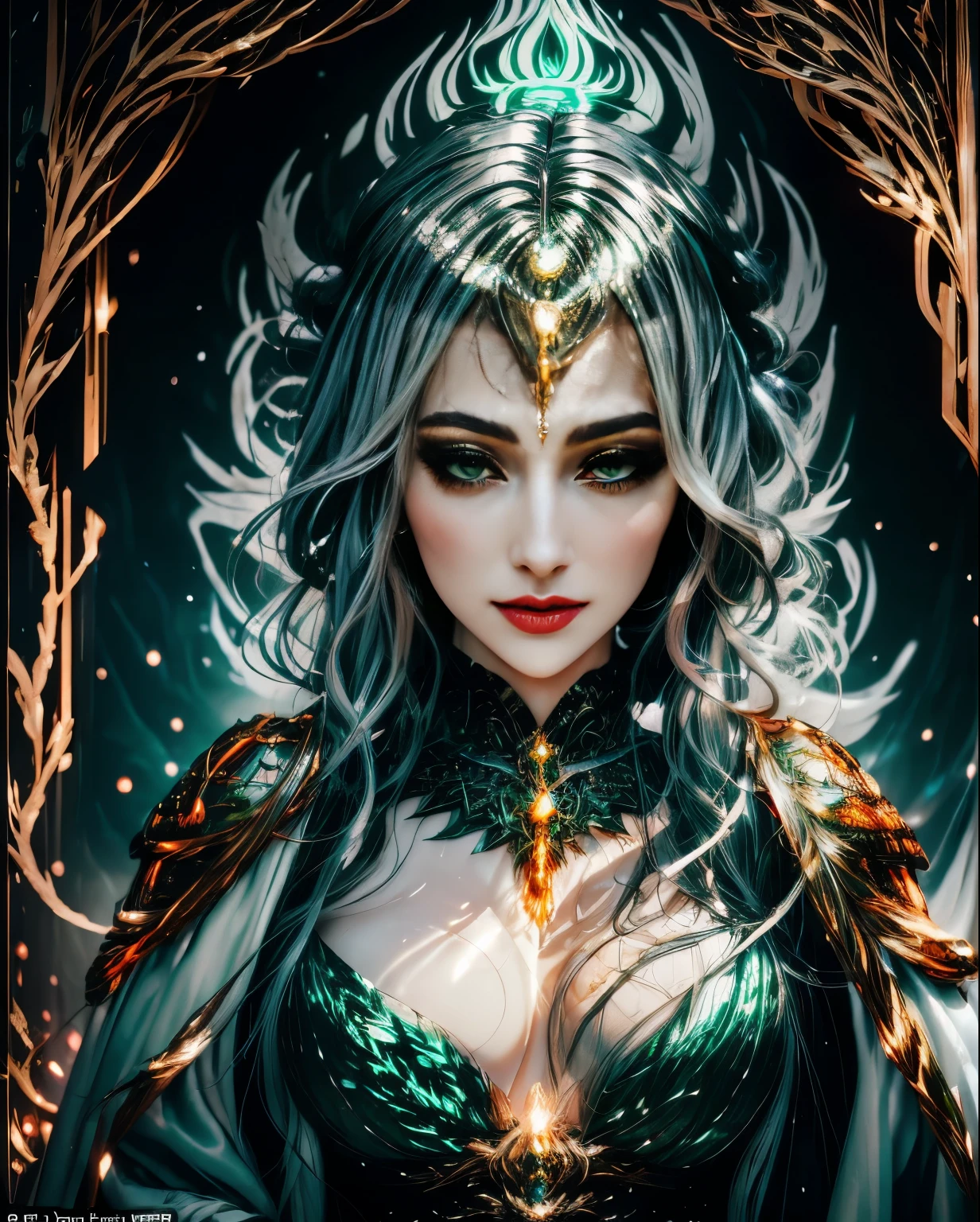 Create a captivating visual representation of a mystical winter lady, shrouded in a black feather cloak, evoking the atmosphere of Halloween and dark fantasy. Her full body is depicted with meticulous detail, every curve and line rendered in intricate precision. The realistic texturing of her pale skin adds to the allure of her ethereal beauty. Her large, clear green eyes gleam with an otherworldly glow in the cinematic light, casting an orange hue that highlights the intricate patterns of her feather cloak. With a round, seductive face and a hint of a smile, she exudes an aura of mystery and allure that is both entrancing and slightly unsett