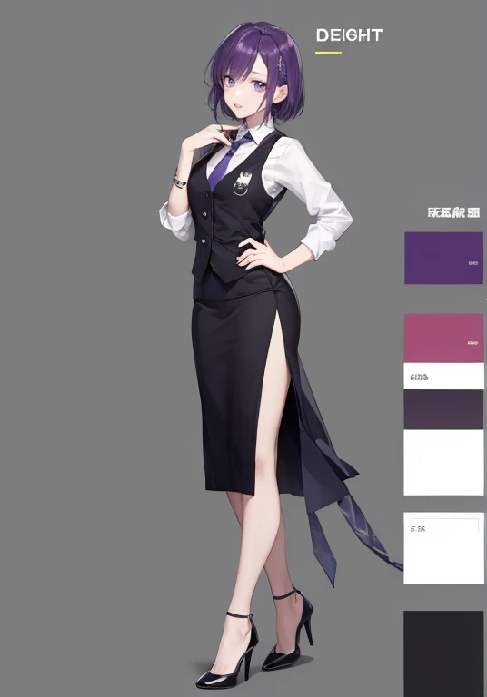 ((Perfect Face)),Purple Hair,Short Hair,1 female,bartender,,Black vest,tie,Shirt with rolled up sleeves,skirt,slit,High heels,,((Simple light color background)),((smile)),((Full Body)),((full body)),Character portrait,Character sheet,upright,Standing upright and looking straight ahead,