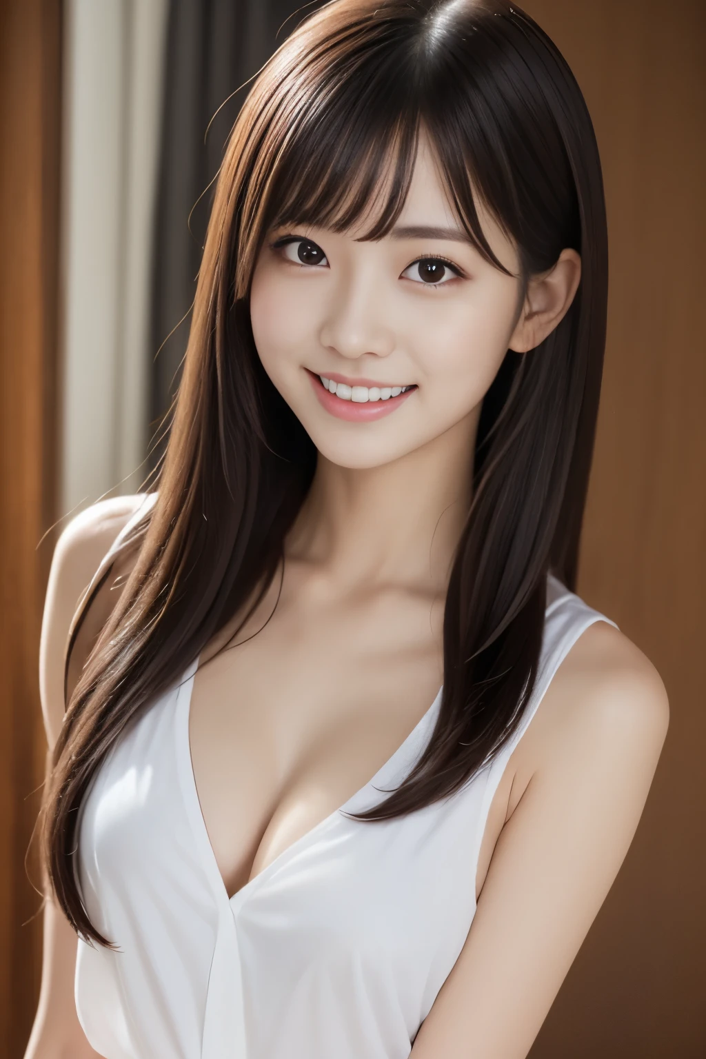 Close-up of a woman posing for a photo,  The most beautiful Japanese models, 18 year old female model,  4K、bangs、Black-haired, Slightly longer bob hair, Middle Hair, Straight hair、(White sleeveless blouse,one piece:1.2),　(Super cute idol-like face:1.4), whole body, Slim and beautiful figure, sexy, Beautiful breasts, Laughter, (RAW Photos, highest quality, masterpiece, Super detailed, Ultra-high resolution, Realistic), 