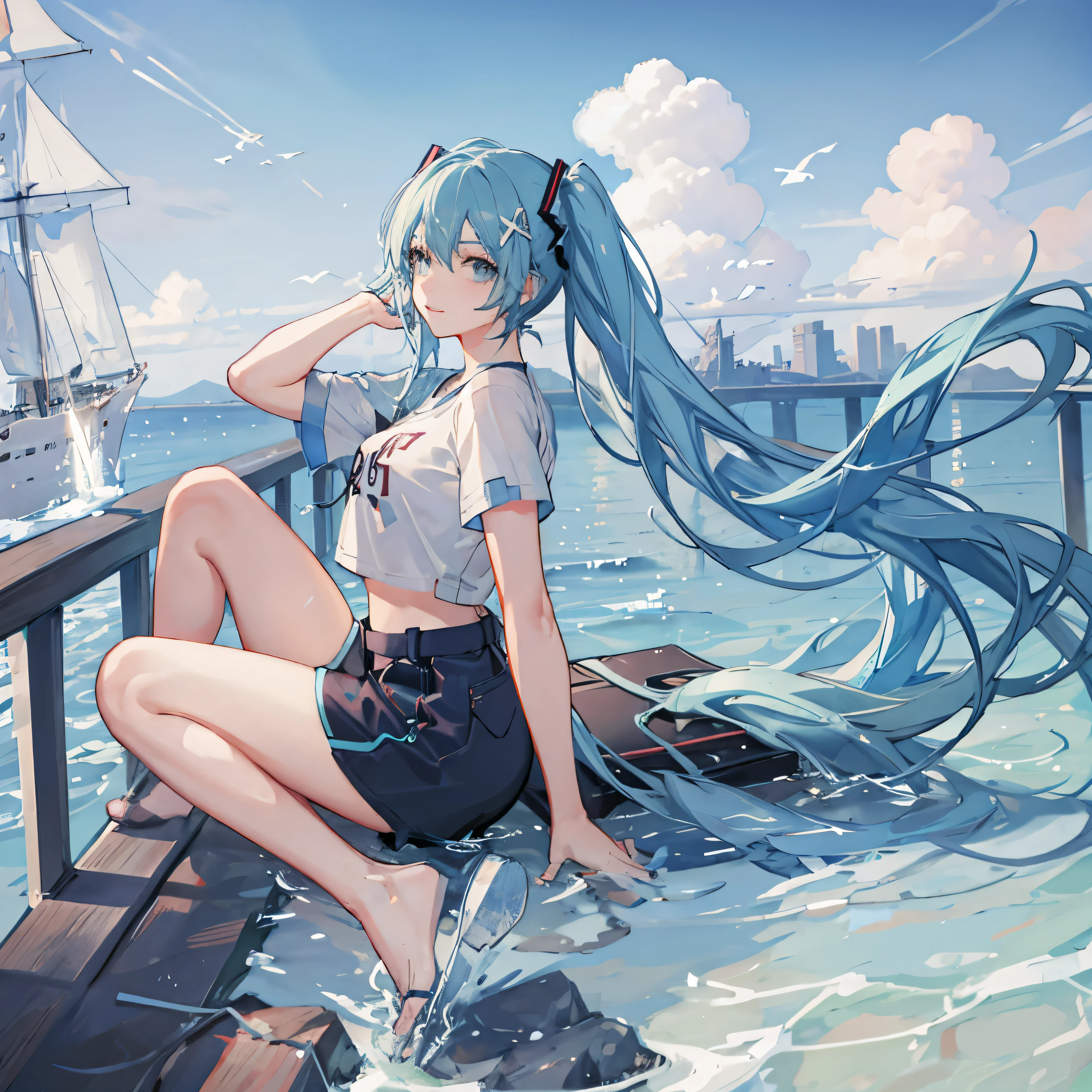 ((best quality)), ((masterpiece)), (detailed), perfect face,
Miku hatsune,
(masterpiece), best quality, perfect face,on bedroom,from side,(plain White t-shirt with crop top),(Sports shorts),(white stocking,white detached sleeve), alone, 1girl,