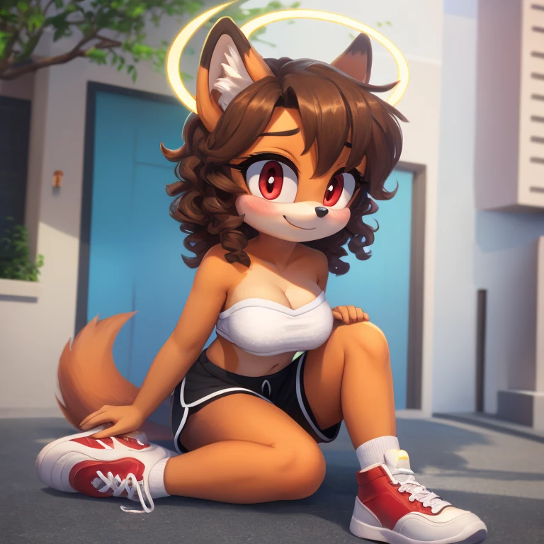 mobian, hedgehog, two-tone fur ((orange fur, brown fur)), pyjama elastic shorts, strapless crop top, cleavage, high-top sneakers, two-tone hair (brown hair, black tip)), curly hair, halo, sunglasses, jewelry, red eyes, longeyelashes, red eyes, smile, shy, blush, high detail, masterpiece, UHD, anatomically correct, super detail, highres, 4K