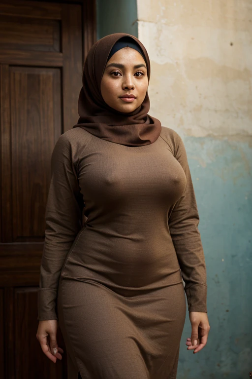 (Close Up),RAW, Best quality, high resolution, masterpiece: 1.3), realistis,beautiful Malay woman in hijab, Masterpiece,perfect fit body, big breasts, big eyes, beautiful face, Soft smile, thick thighs, Muslim woman in a light brown dress standing against a blue wall, simple dress,hijab, wearing a fisher 🧥, brown clothes, full body picture, tumblr, black and brown, beautiful masterpieces, extraordinary lighting, bright colors, clean lines