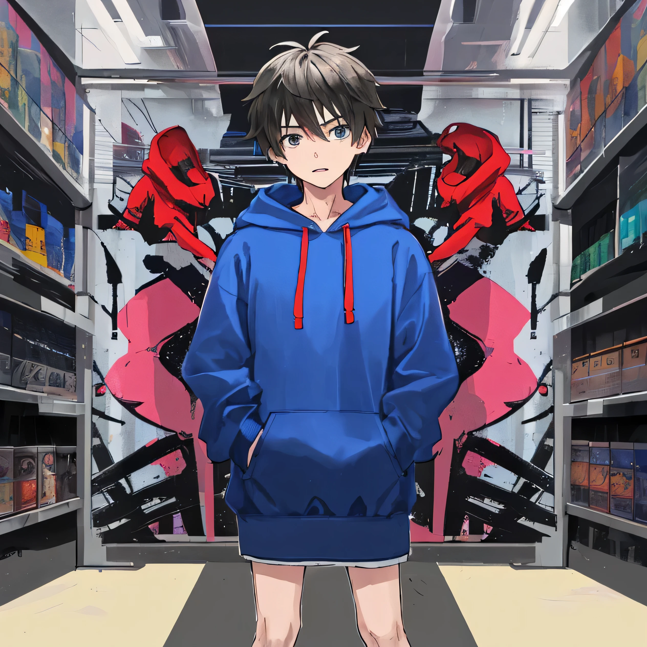 A boy wearing hoddie create a half size of image