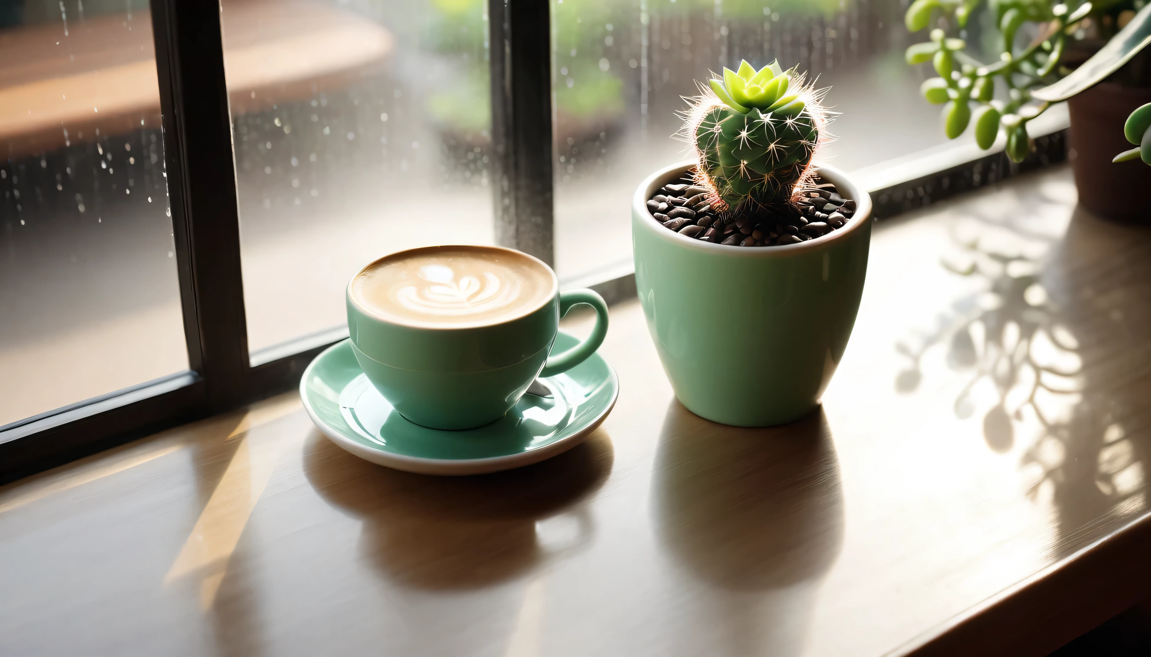 A classic modern romantic cafe,simple and clean。Close-up of a cup of coffee and a small potted succulent cactus on the table,through soft light and shadow,Presenting a fresh and bright morning moment。Viewed from a bird's eye view,You can see it's raining softly outside the window,Adds a bit of romantic atmosphere。There is a tablet on the table,There are no characters in the whole scene,Seems extremely peaceful and comfortable。