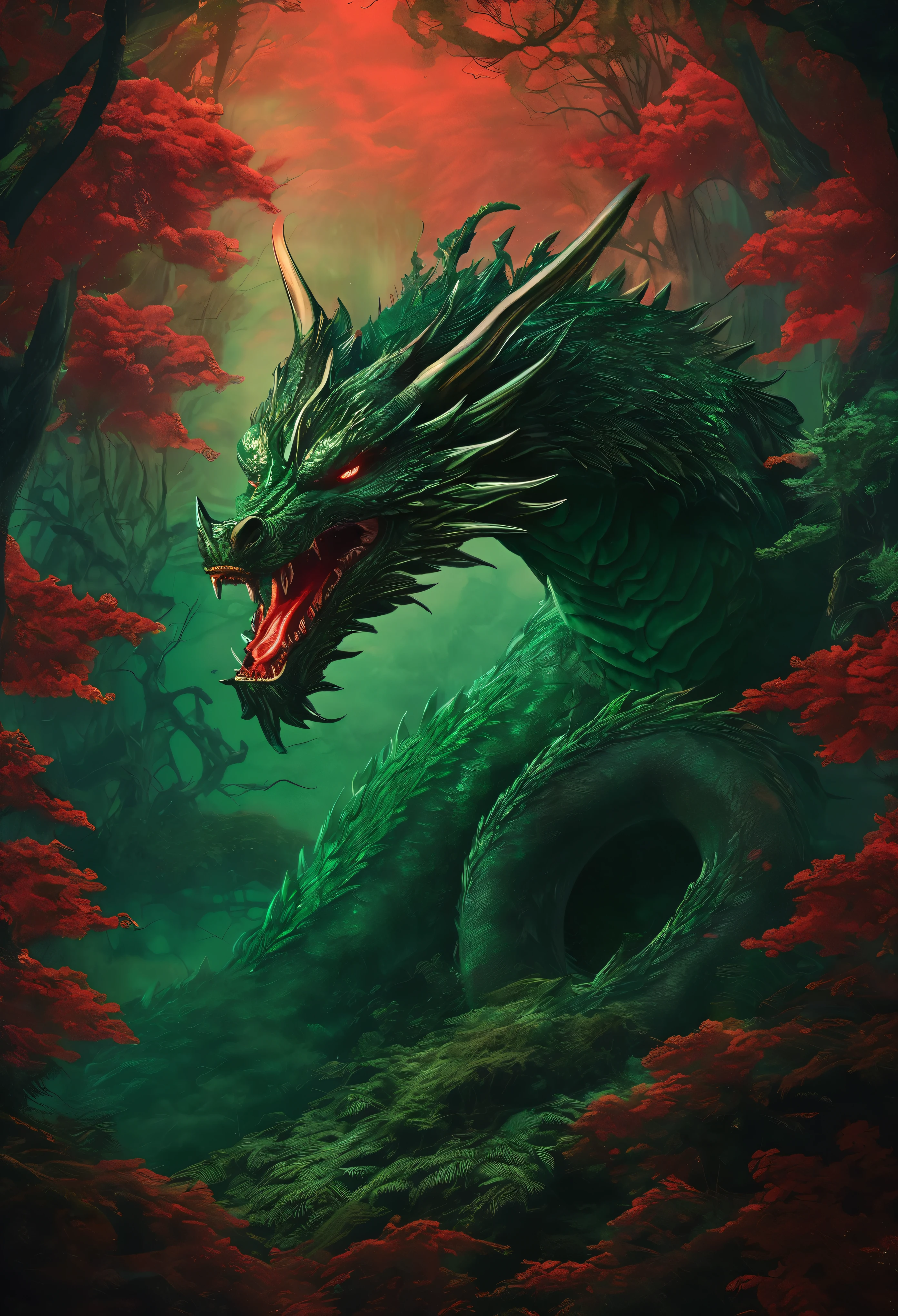 facing to the viewer, Mystical giant looks like a giant dragon dracarys (((gentle creature made of mist))), insane huge size, intricate patterns of red in its dark green fur, in a dark scary highly detailed forest, surrounded by birds.