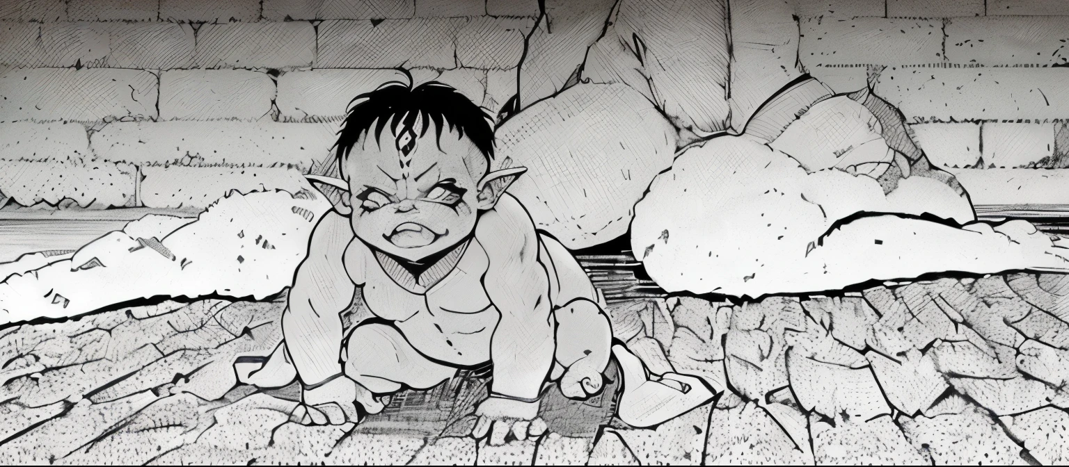 anime drawing of a baby sitting on the ground with a man laying on the ground, in berserk manga, berserk manga, from berserk, dog - faced muscular goblin, 1980 manga, 1990 manga panel, horror manga, manga, ohararyu, gollum as a titan, by Hirohiko Araki