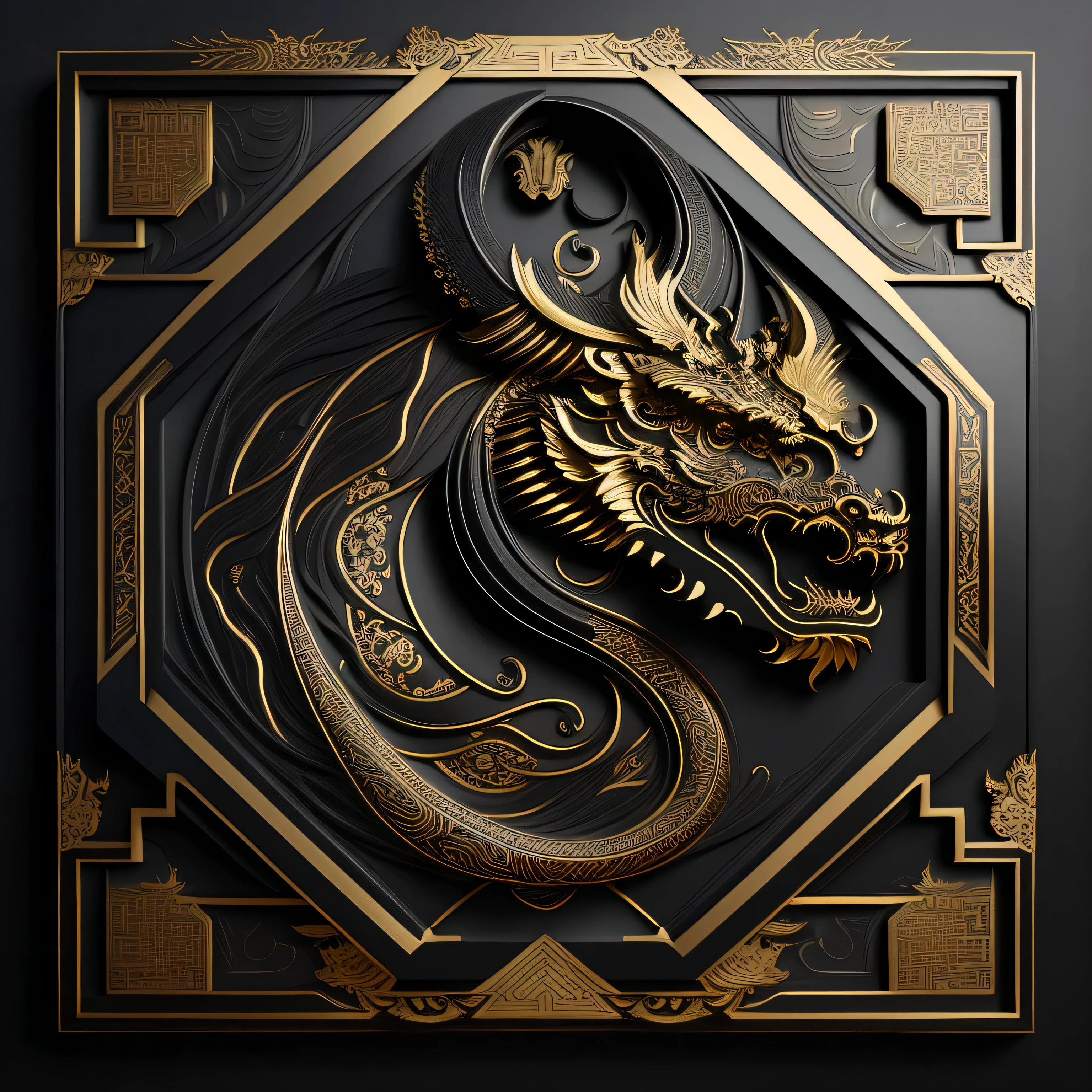 oro negro, Dragon Chino, Cabeza, Escultura, negro mate, Chapado en oro, sombra de volumen, artificial pattern, Rodeado por un intrincado borde decorativo., negro mate and gold ornament text 2024, arte digital muy detallado, 3d representation, 16k