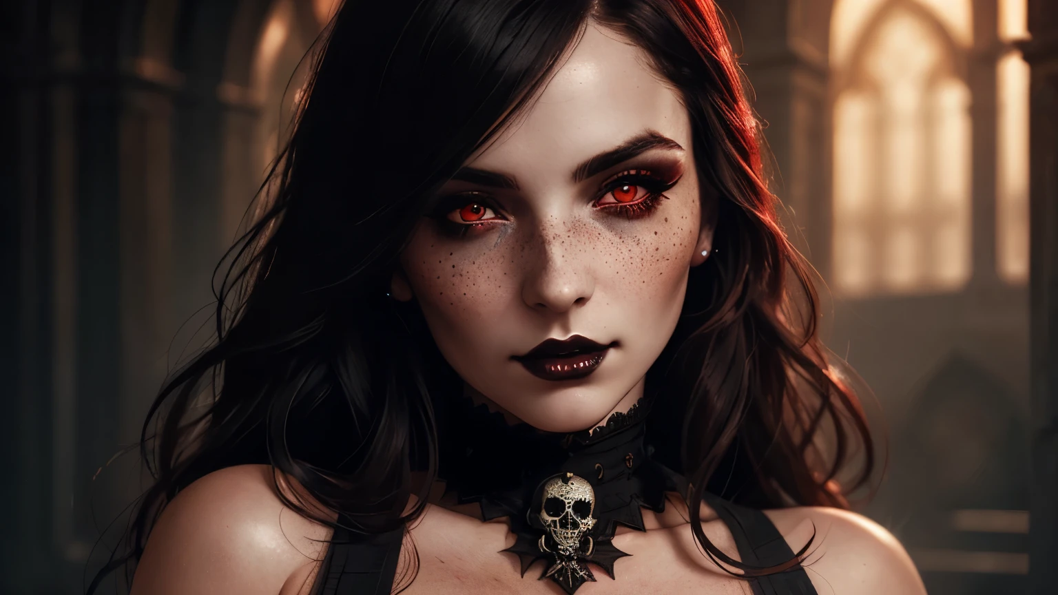 (best quality, hyperdetailed photography:1.2), beautiful lady, freckles, gothic dark makeup, soft light, perfect breast, cover, (detailed beautiful face, detail skin texture, ultra-detailed body:1.1) sexy vampire girl, red eyes, perfect body, skull, blood