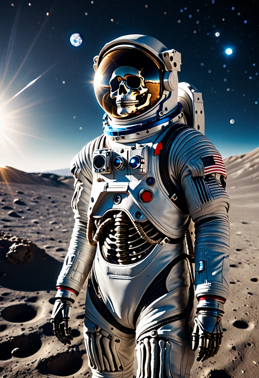 Best quality, 8K, crazy details, cinematic lighting, Cosmonaut, Spacesuit, a skeleton, a skeleton в Spacesuitе, space, a skeleton в spaceе, Spacesuit в spaceе, Stars in the background, reflection of the sun, lower body is invisible, the camera is aimed at the face.