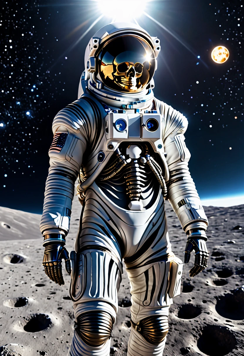 Best quality, 8K, crazy details, cinematic lighting, Cosmonaut, Spacesuit, a skeleton, a skeleton в Spacesuitе, space, a skeleton в spaceе, Spacesuit в spaceе, Stars in the background, reflection of the sun, lower body is invisible, the camera is aimed at the face.