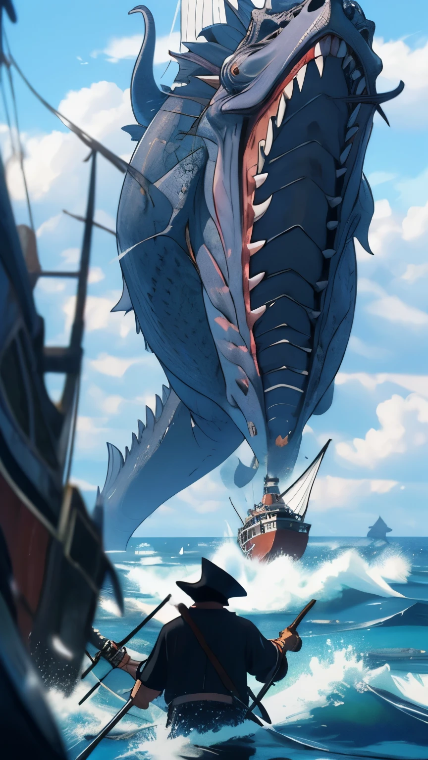 two pirate fishermen battle a sea monster 