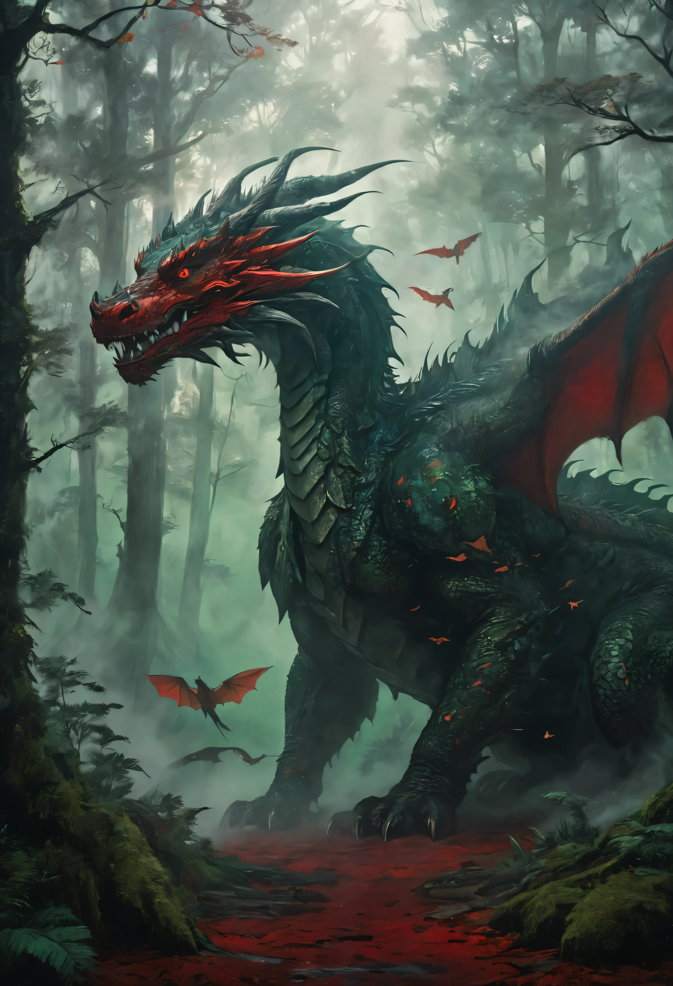 facing to the viewer, Mystical giant looks like a giant dragon dracarys (((gentle creature made of mist))), insane huge size, intricate patterns of red in its dark green fur, in a dark scary highly detailed forest, surrounded by birds.