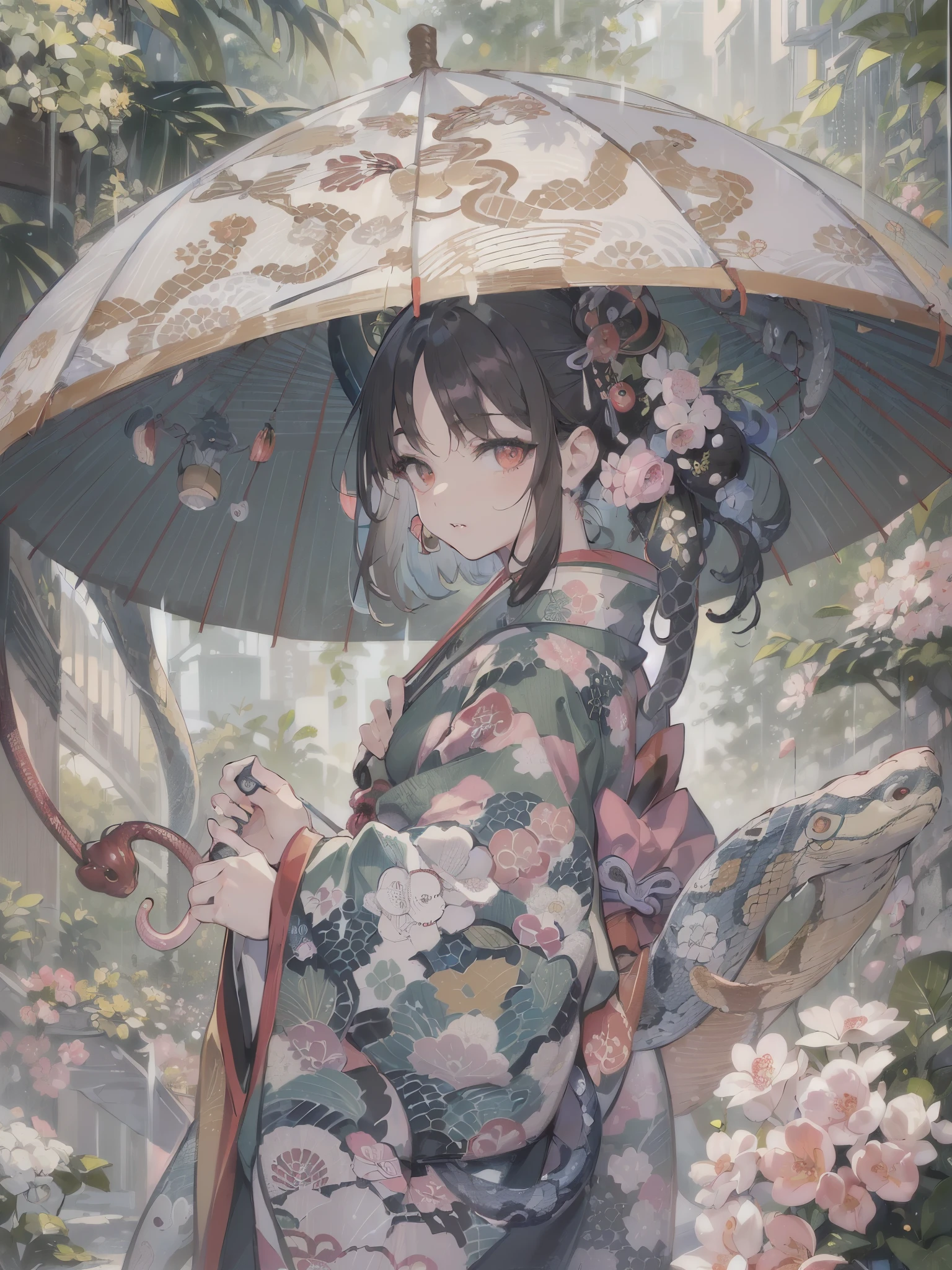 ((highest quality)),(Ultra-high resolution),(Very detailed),(Detailed Description),((The best CG)),(A masterpiece),Ultra-precise art,amazing drawing art,(Japanese art with intricate detail:1.5), (woman:1.5),(Beautiful and well-proportioned face:1.5),(Kimono with intricate and detailed design:1.5),(Snake eye umbrella:1.7),Beautiful woman looking back:1.3, Rainy weather:1.4,Hydrangea:1.3