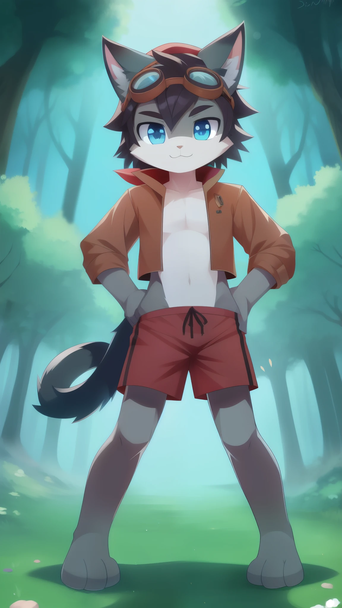 full-length_portrait, Furry shota, cat, black hair, spiky hair, detailed body fur, blue eyes, ((goggles, red headscarf, Brown vest, open clothes, green swim trunks)), looking at you, clear gray body fur, detailed face, big eyebrows, detailed eyes, detailed body, sakura forest, clear sky, detailed hands, flat body, glistering body, shiny body, skinny, spectacular effects, sassy face, :3, perfect lighting, perfect shadows, perfect eyes, perfect hair, perfect face, gorgeous body, full body, feets with three toes, 3 toes,