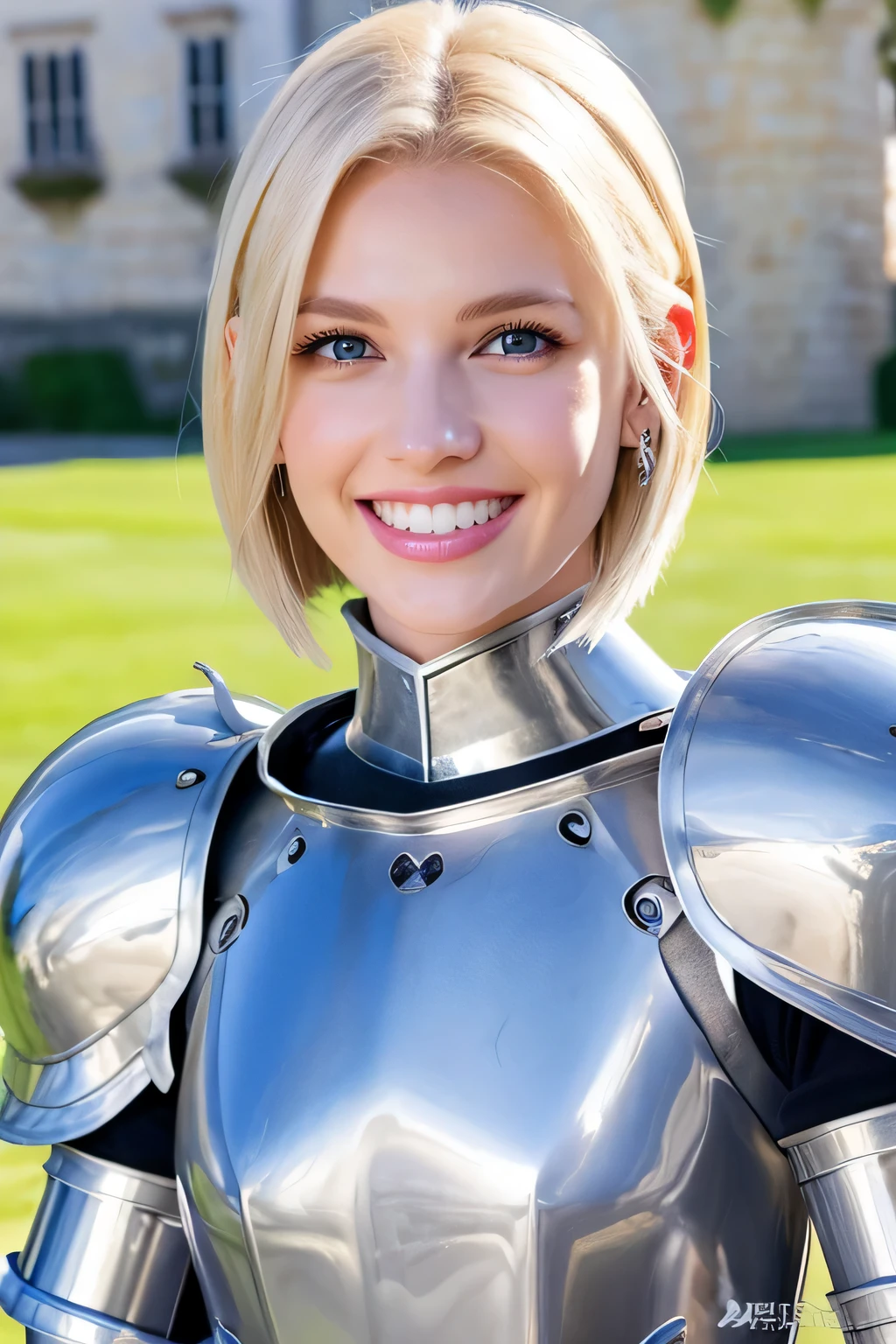 ８Ｋ、highest quality、female knight、Luxurious Silver Armor、、hairstyle short cut、smile、Beautiful Teeth、Full body photo、ear piercing、blonde、White woman、blue eyes、Heavy makeup、The background is inside the castle

