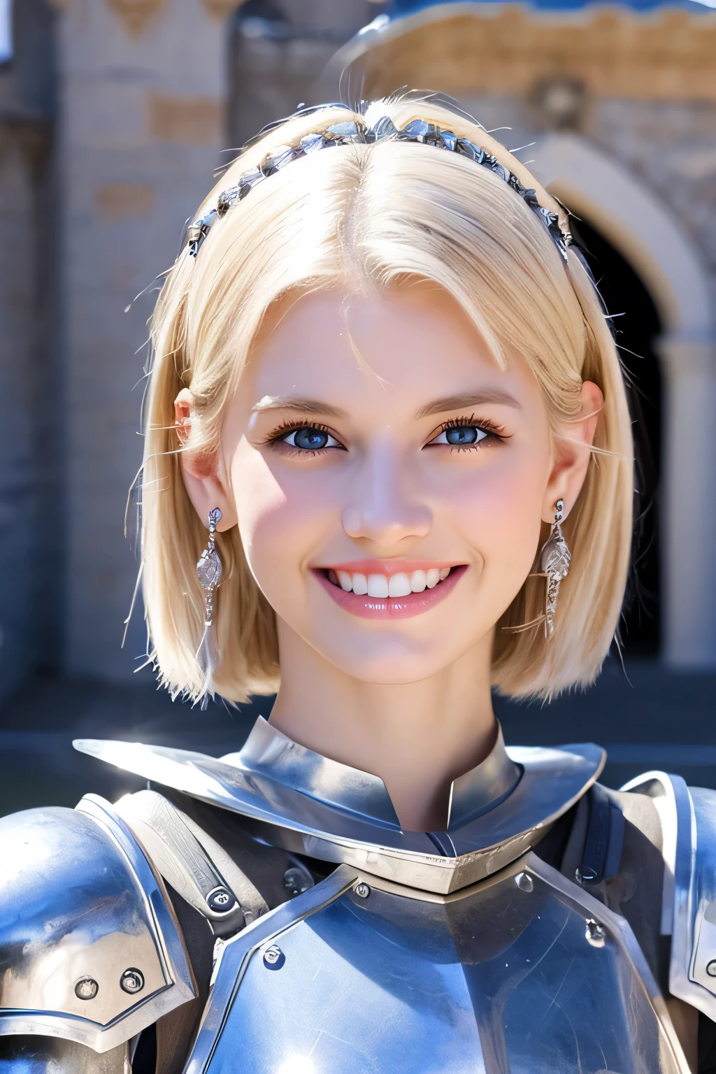 8K、highest quality、female knight、Luxurious Silver Armor、、hairstyle short cut、smile、Beautiful Teeth、Full body photo、ear piercing、blonde、White woman、blue eyes、Heavy makeup、The background is inside the castle