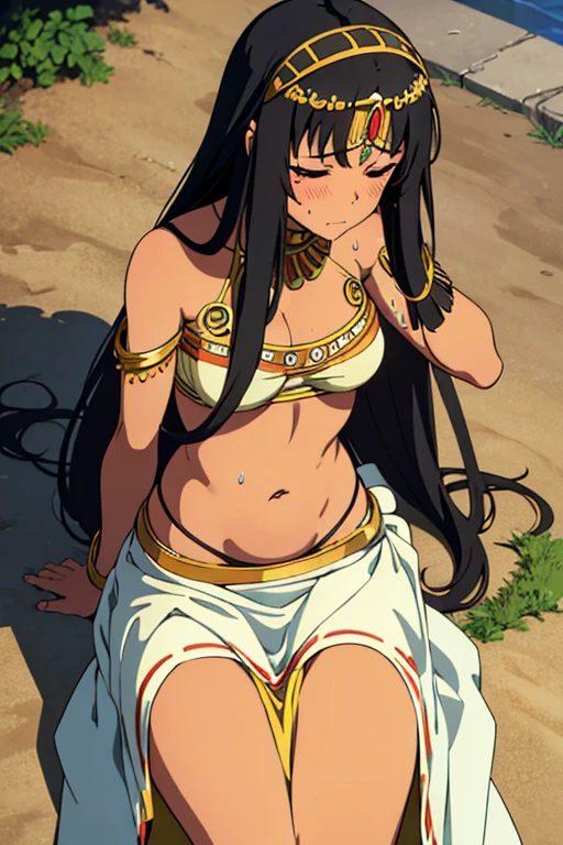 (best quality, masterpiece), brown skinned anime Cleopatra wearing a cute bikini top and long skirt, famished in hunger, (gently resting hands on stomach), (sweating), (long black hair), (hands on stomach), (blushing and eyes closed), (resting hands-on stomach)