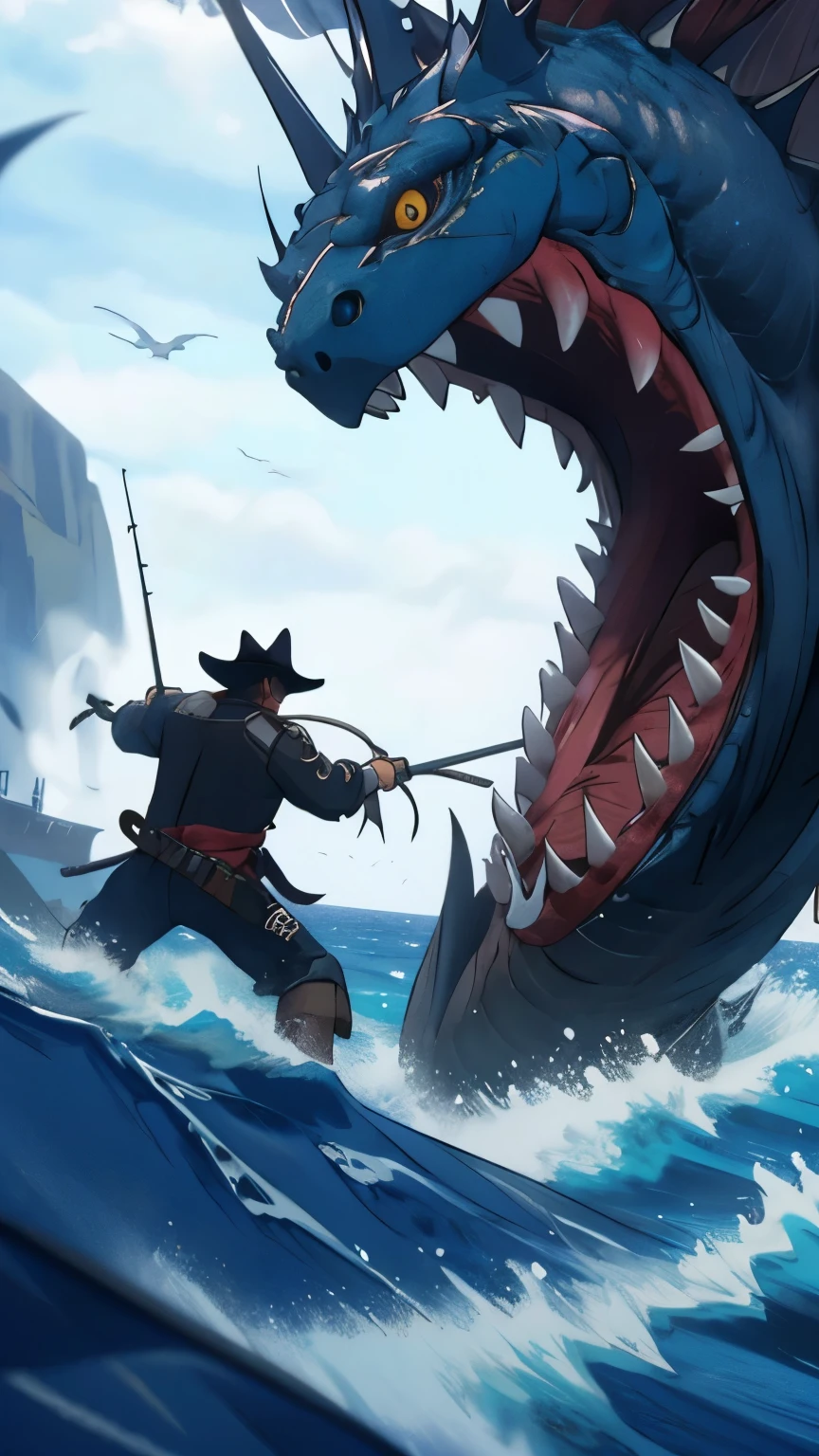 two pirate fishermen battle a sea monster 