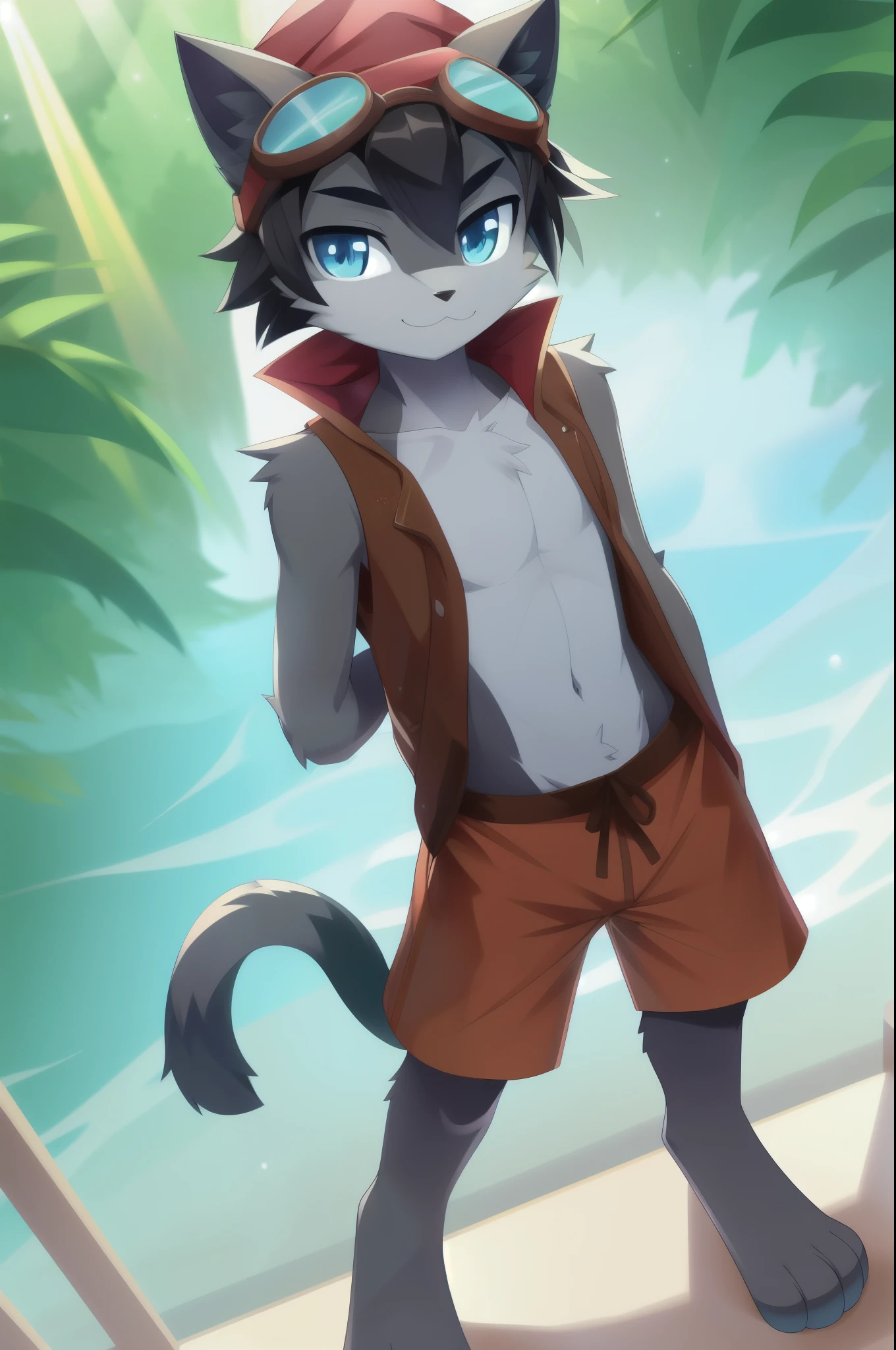 full-length_portrait, Furry shota, cat, black hair, spiky hair, detailed body fur, blue eyes, ((goggles, red headscarf on head, brown vest, open clothes, green swim trunks)), looking at you, clear gray body fur, detailed face, big eyebrows, detailed eyes, detailed body, sakura forest, clear sky, detailed hands, flat body, glistering body, shiny body, skinny, spectacular effects, sassy face, :3, perfect lighting, perfect shadows, perfect eyes, perfect hair, perfect face, gorgeous body, full body, feets with three toes, 3 toes,