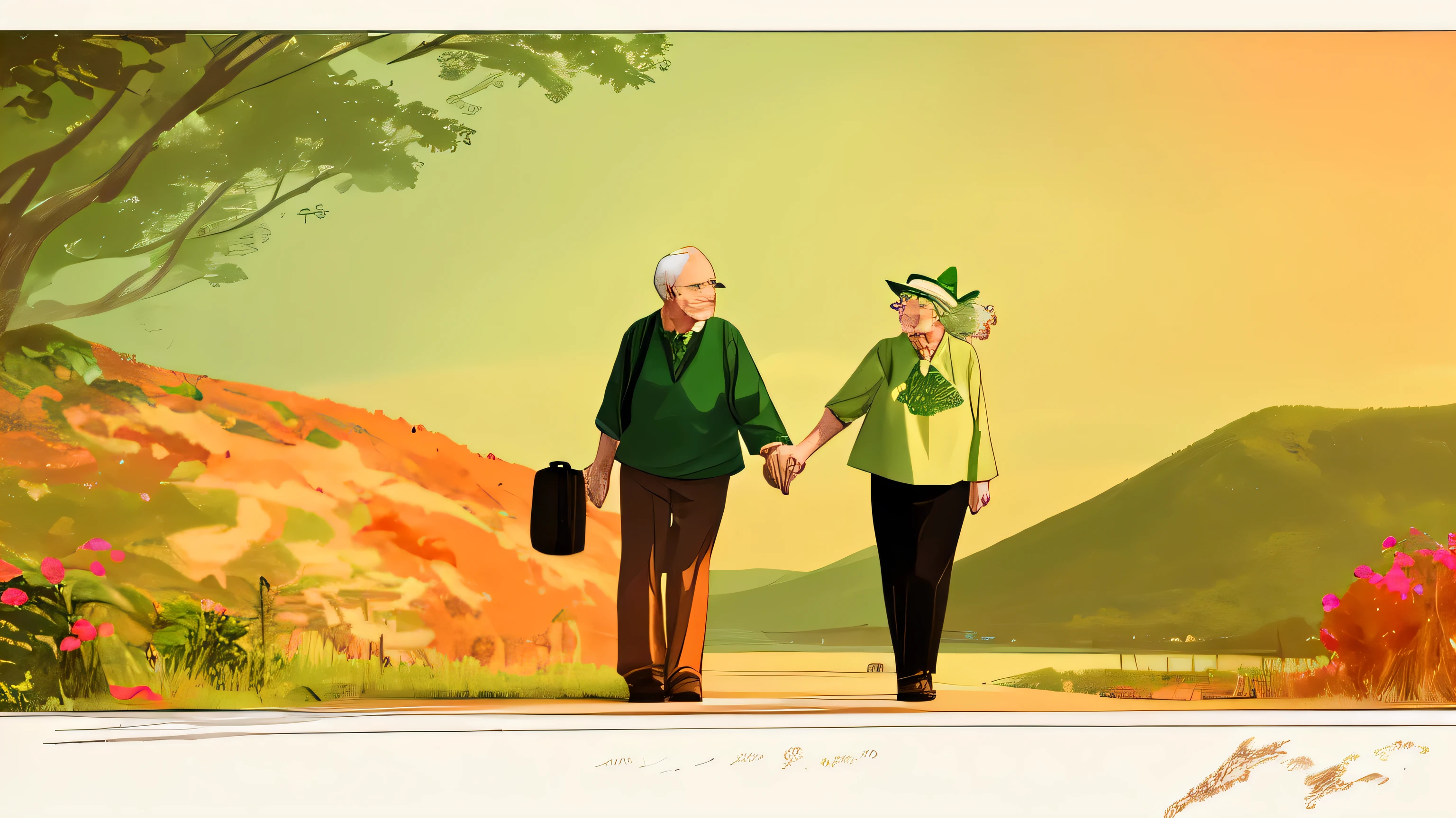 An elderly couple travels，The screen is mostly dark green，A little orange