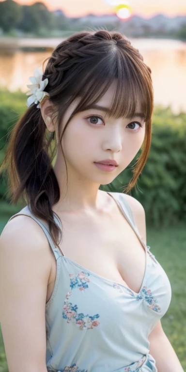 1 Japanese female, 30 years old, Very beautiful, (very cute), (Very detailed美しい顔), Great face and eyes,(Flower Hair Ornaments,Braided top knot,Twisted Side Part Ponytail Braided Headband,Half Up、Braided Space Van,Voluminous fishtail braid,Twisted pan),(Asymmetrical bangs),, My eyes got a little brighter, Dolly Makeup, (Loose-fitting see-through blouse(Cream:1.2))、(Micro Mini Skirt(Light blue floral pattern)), (highest quality:1.4), (Very detailed), Very detailed CG 統合 8k 壁紙, Surreal, (Photorealistic:1.4), Raw photo, Professional photography, Cinema Lighting, Realistic portraits, (Depth of written boundary:1.4), (View Photographer:1.3), (In a park with a pond),Glamorous Beauty、 (Large Breasts:1.6)、Deep cleavage、Voluptuous thighs、 (Whole Body Ezbian), Accurate Eyes, Beautiful mouth, (Keep your mouth completely closed), (evening:1.3), (Looking at the camera), (Amazing sunset:1.25), Sleeveless, Melancholic expression、A photo showing you from head to knees