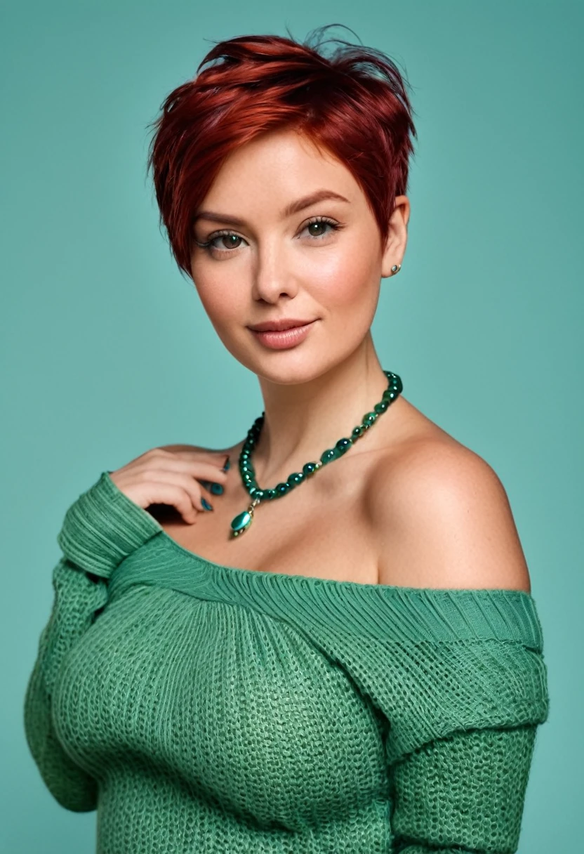Woman, 30 years old, whole body, curvy, red hair, pixie cut hair, (wrinkled forhead), ((eyes brown-green)), rounded chin, fleshy lips, aquilin nose, Only, looking at the viewer, jewelry, necklace, off shoulder, sweater blue, realistic, flirting with camera