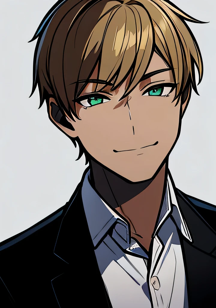 One young Adult male, brownish tanned skin, handsome, dirty blonde short hair, green eyes, confident yet kind expression, smug smile, wearing white collared shirt and black jacket, portrait style, facing forwards, plain grey background