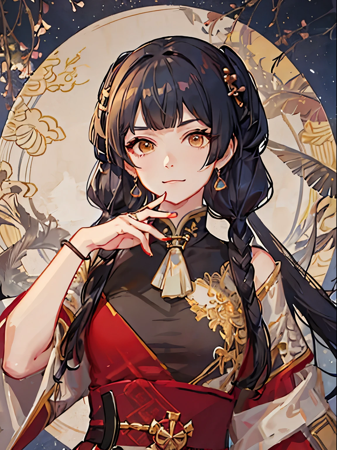 girl, throne, upper body, (detailed face:1.2), masterpiece, fashion, chinese dress, medium hair, black hair, twintails, blunt bangs, brown eyes,