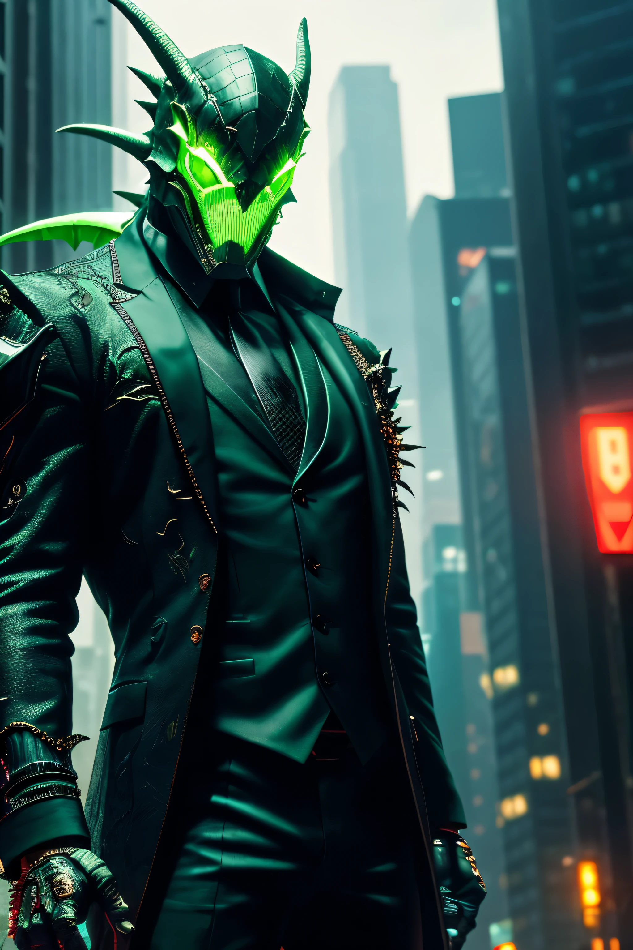 (extremely detailed 8k wallpaper), a medium shot photo of green cyberpunk Grim dressed as a scary dinosaur in a suit made of metal from marvel, horror theme, intricate, high detail, dramatic